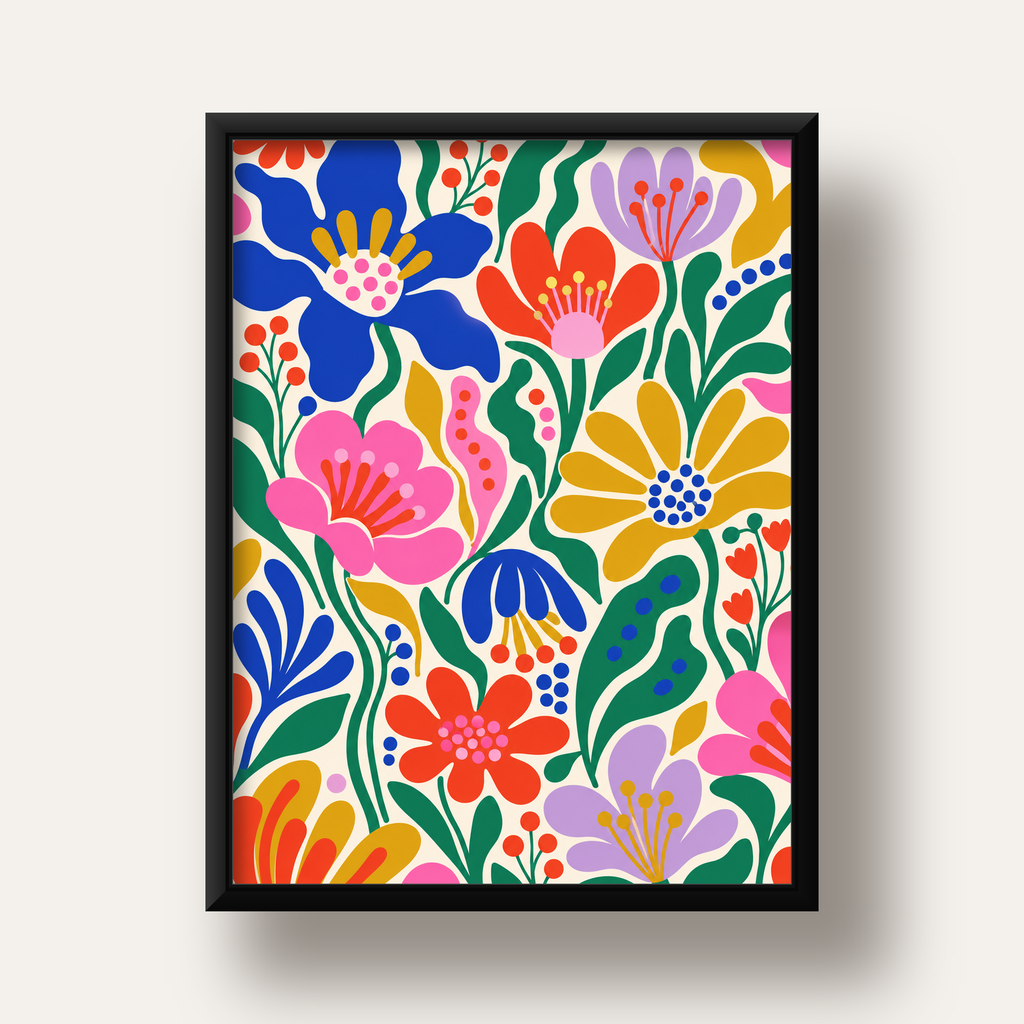 Renkli Çiçek Desenli Modern Dijital Poster — siyah derin çerçeveli