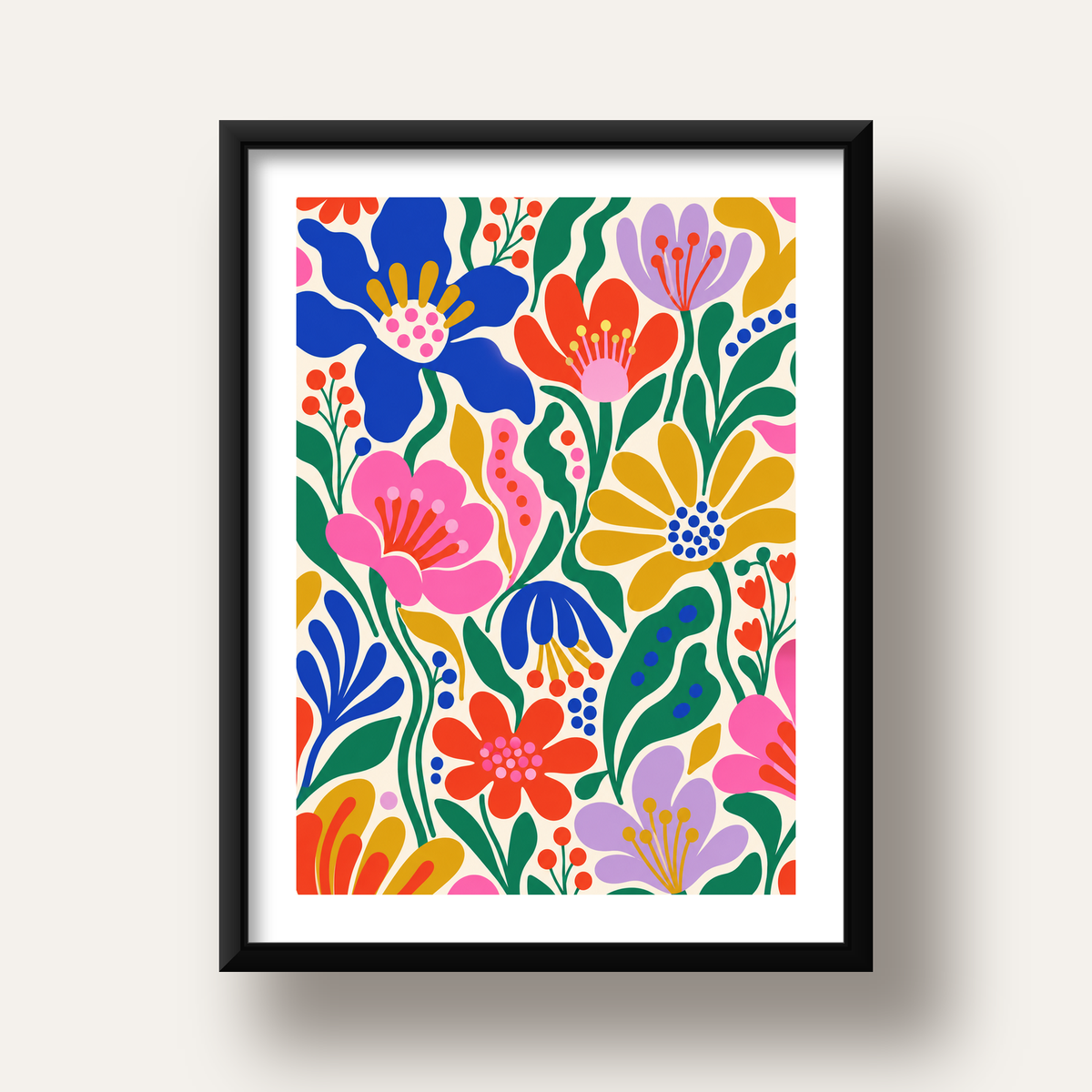 Renkli Çiçek Desenli Modern Dijital Poster — siyah derin çerçeveli paspartulu