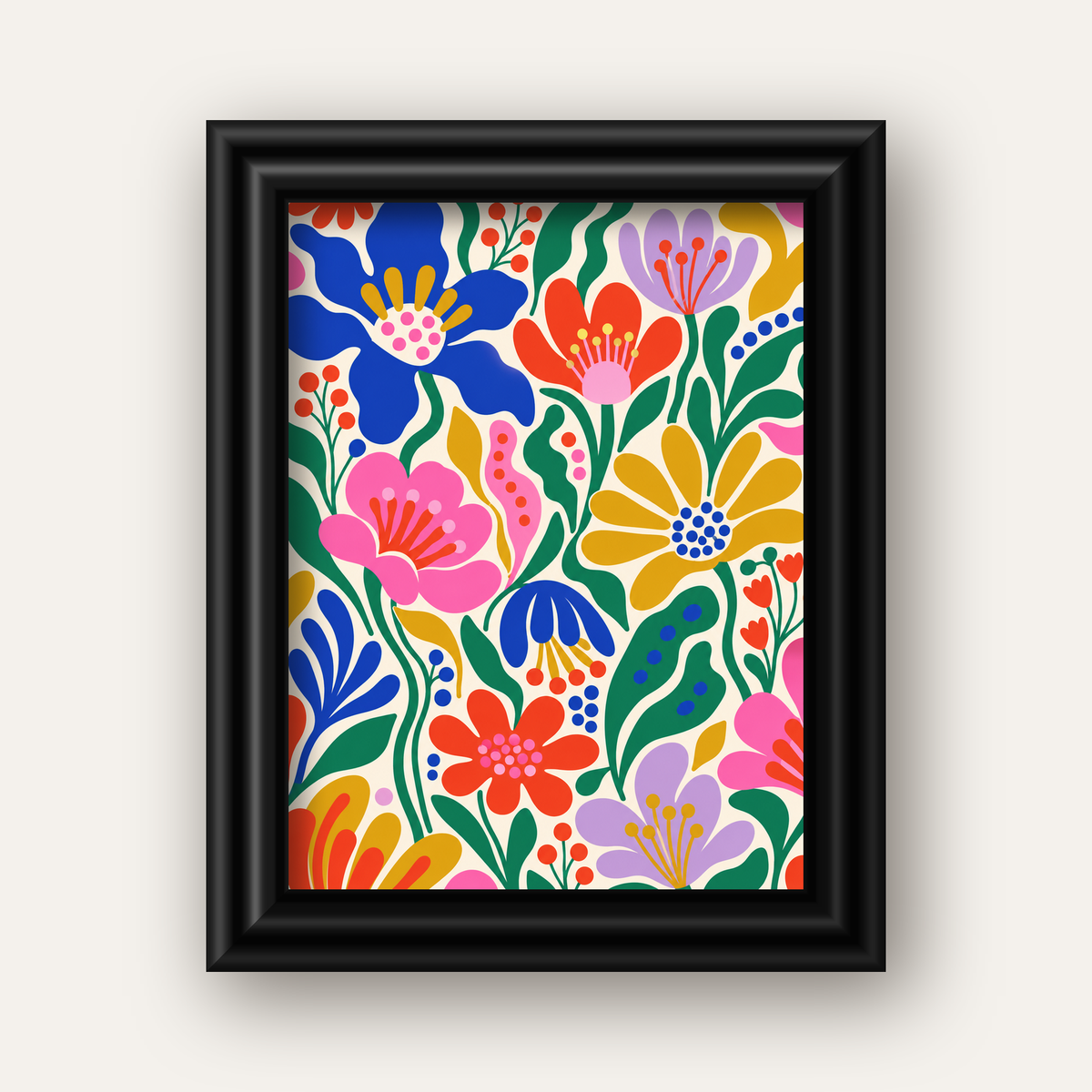 Renkli Çiçek Desenli Modern Dijital Poster — siyah galeri çerçeveli