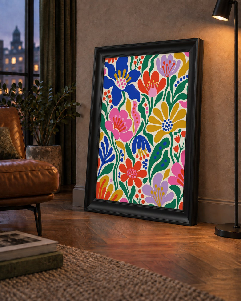 Renkli Çiçek Desenli Modern Dijital Poster — çerçeveli hâliyle bir ev duvarında