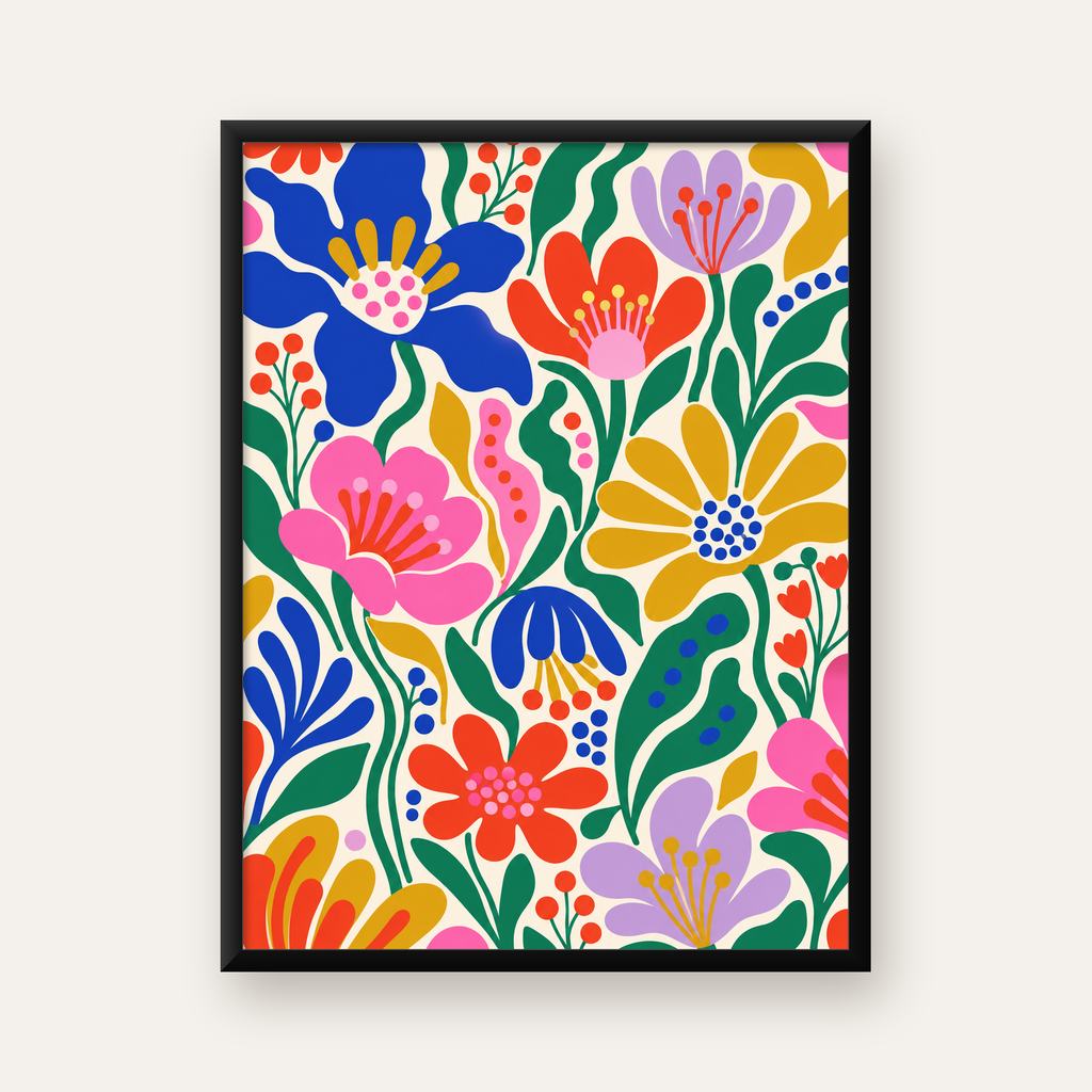Renkli Çiçek Desenleri Modern Poster – Neşeli Duvar Sanatı — Dikey baskı, düz siyah çerçeveli duvar posteri