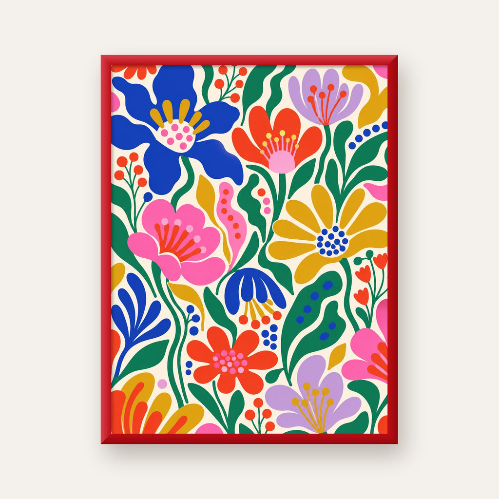 Renkli Çiçek Desenli Modern Dijital Poster — kırmızı çerçeveli