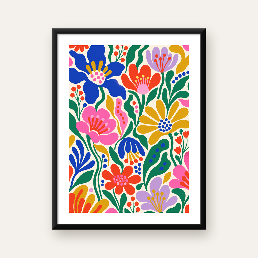Renkli Çiçek Desenleri Modern Poster – Neşeli Duvar Sanatı — Dikey baskı, beyaz kenar boşluklu