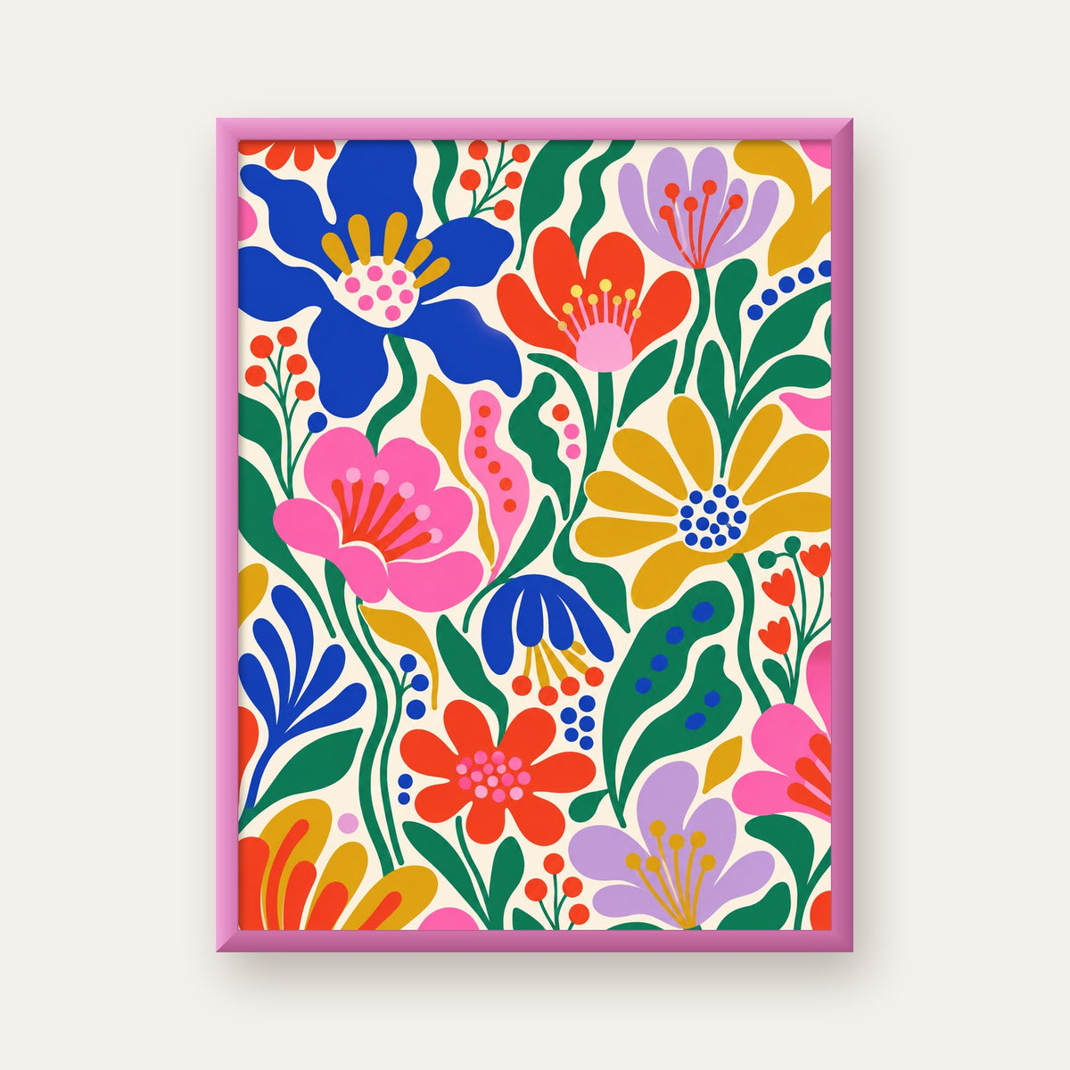 Renkli Çiçek Desenli Modern Dijital Poster — pembe çerçeveli
