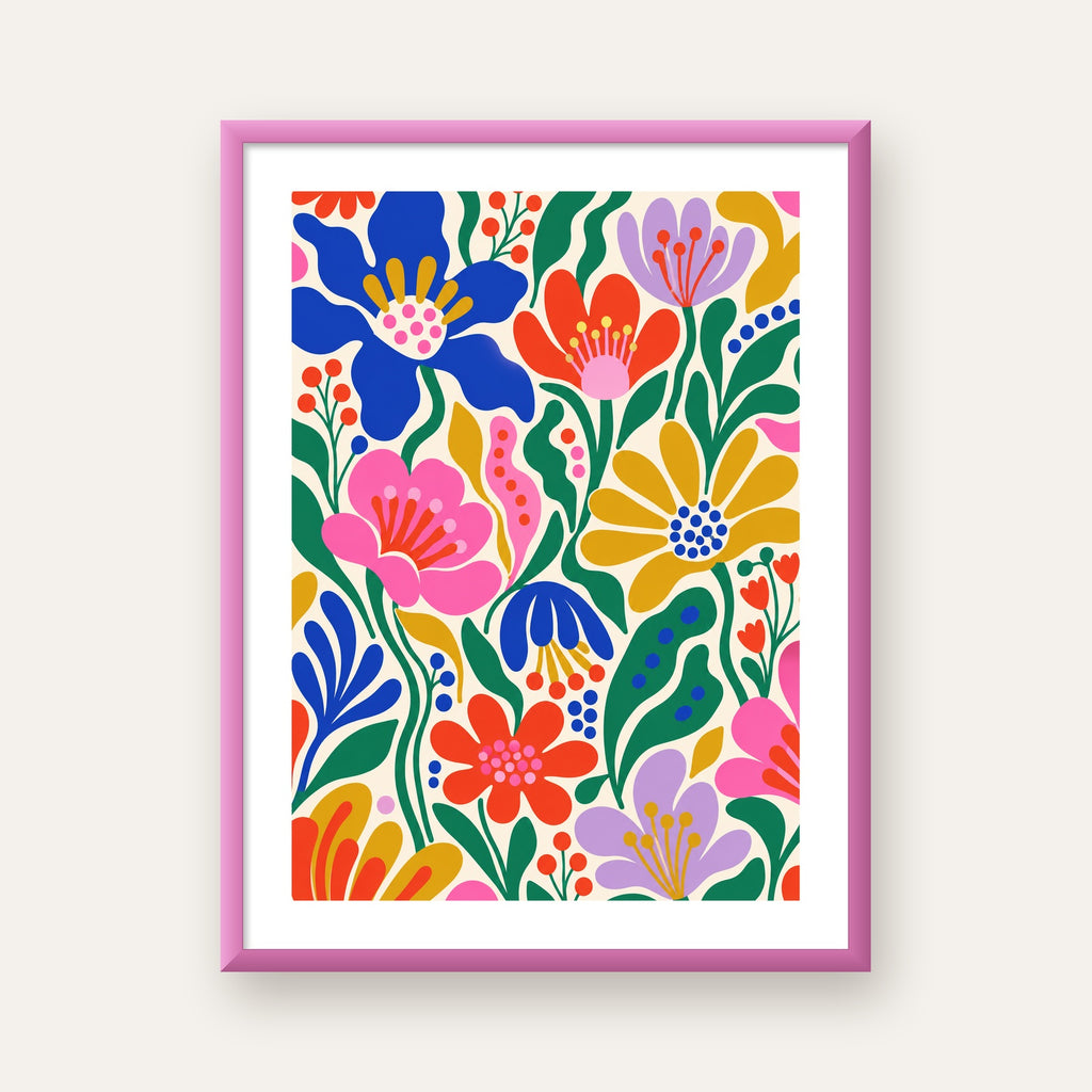 Renkli Çiçek Desenli Modern Dijital Poster — pembe çerçeveli paspartulu