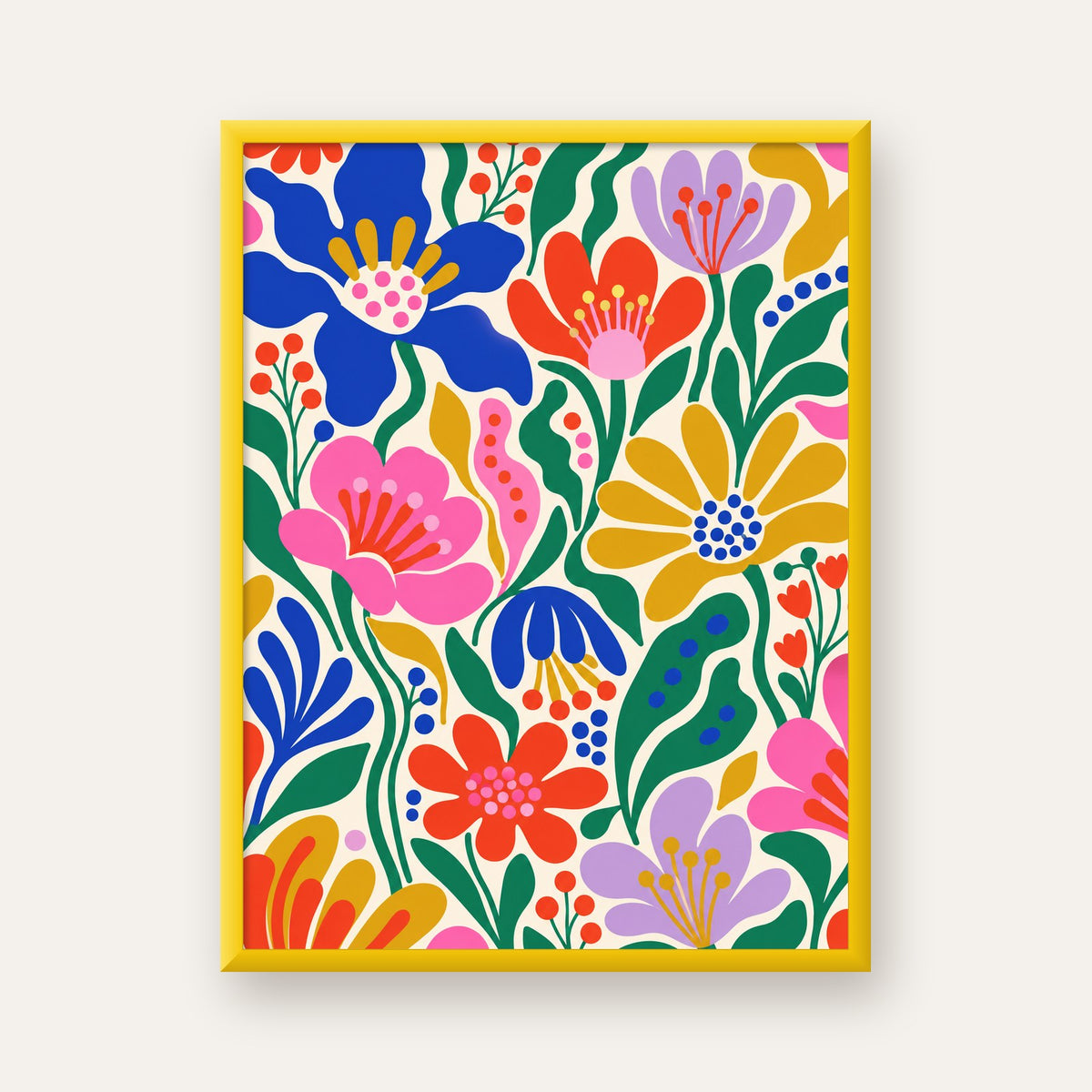 Renkli Çiçek Desenli Modern Dijital Poster — sarı çerçeveli
