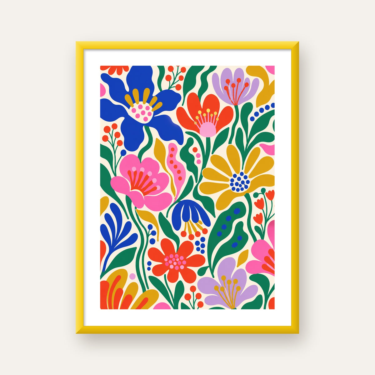 Renkli Çiçek Desenli Modern Dijital Poster — sarı çerçeveli paspartulu