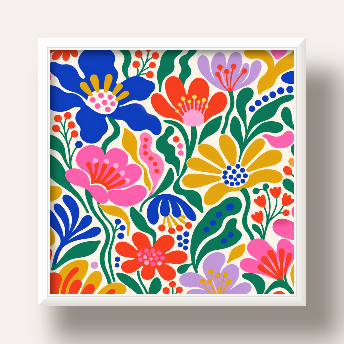 Renkli Çiçek Desenli Modern Dijital Poster — beyaz derin çerçeveli