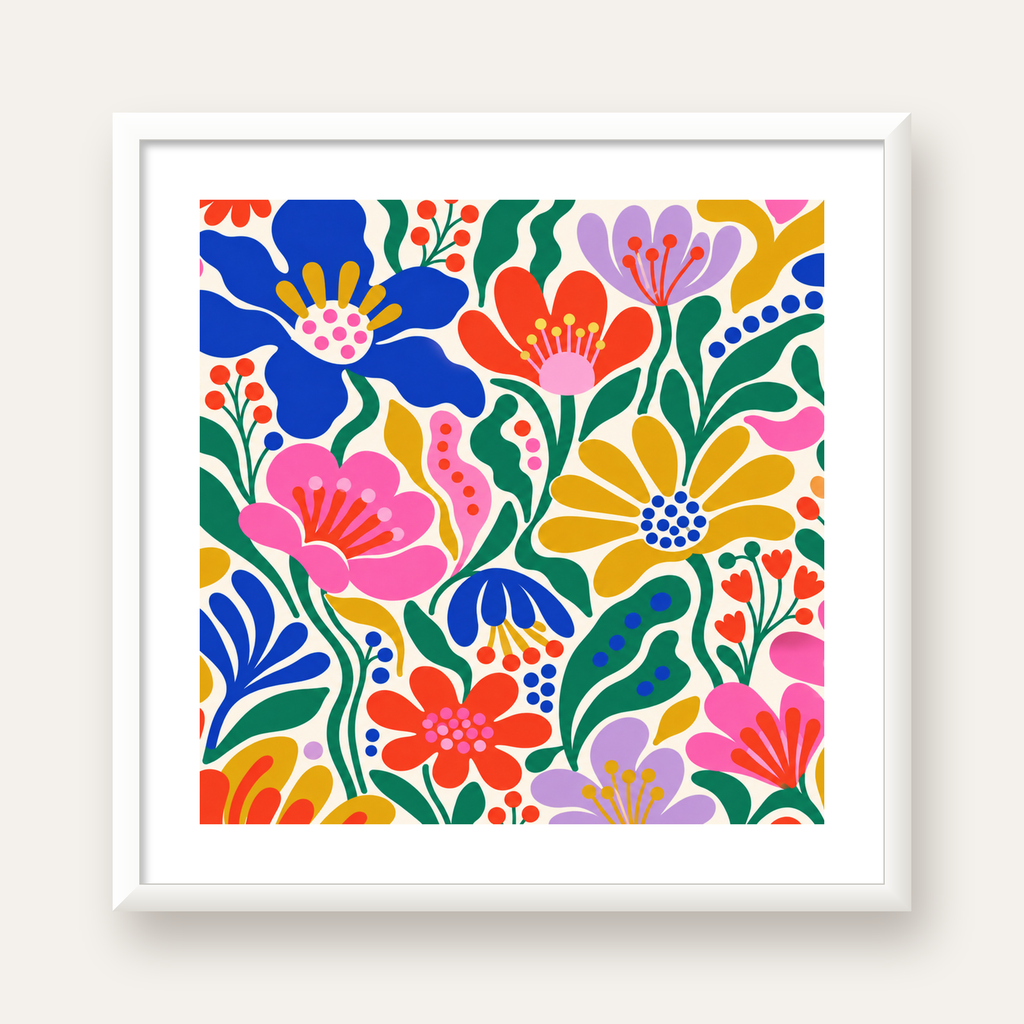 Renkli Çiçek Desenli Modern Dijital Poster — beyaz çerçeveli kare poster
