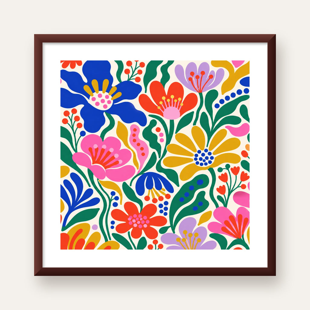 Renkli Çiçek Desenli Modern Dijital Poster — ceviz çerçeveli paspartulu