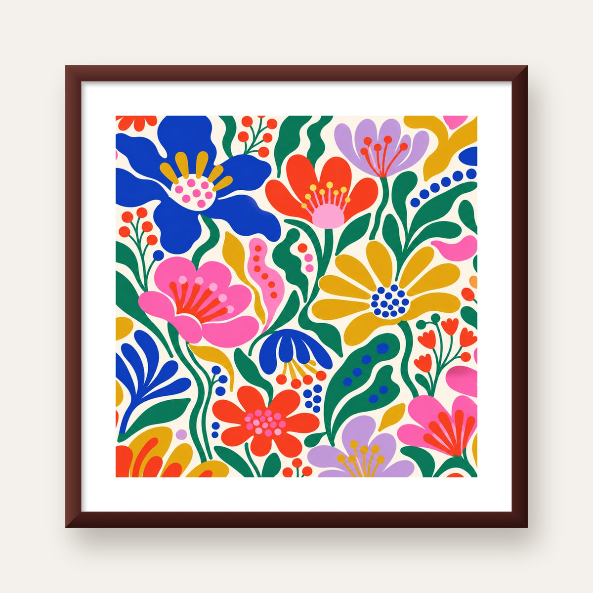 Renkli Çiçek Desenli Modern Dijital Poster — ceviz çerçeveli paspartulu