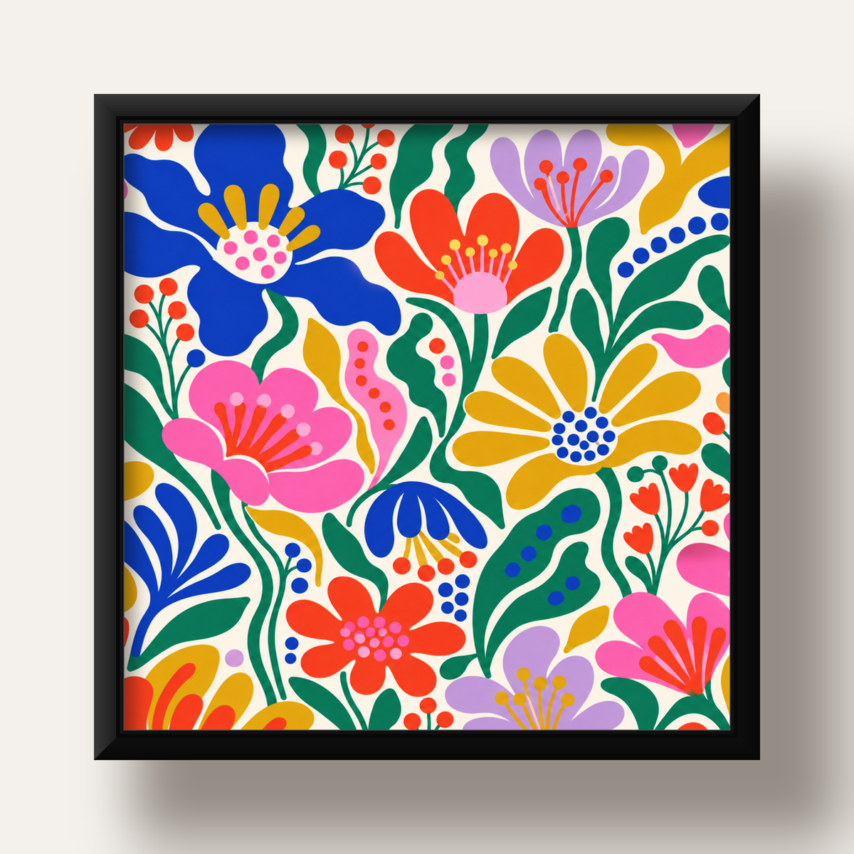 Renkli Çiçek Desenli Modern Dijital Poster — siyah derin çerçeveli