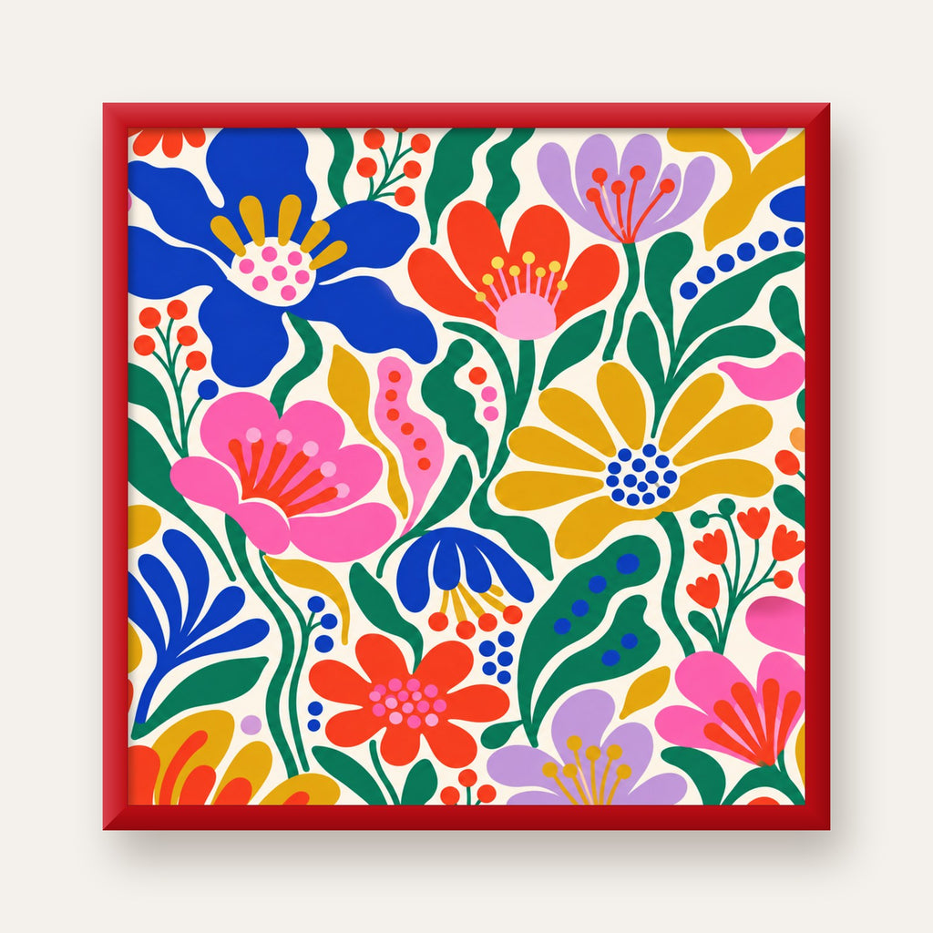 Renkli Çiçek Desenli Modern Dijital Poster — kırmızı çerçeveli