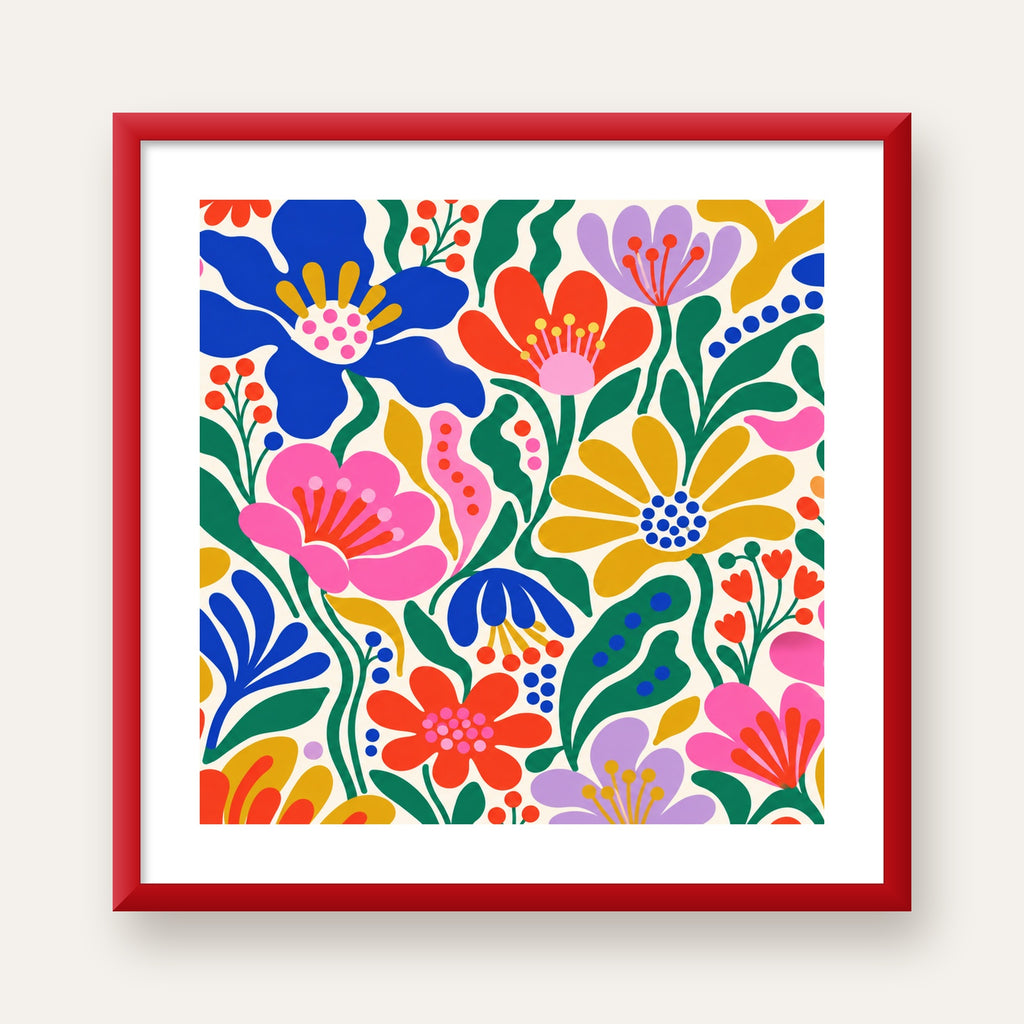 Renkli Çiçek Desenli Modern Dijital Poster — kırmızı çerçeveli paspartulu