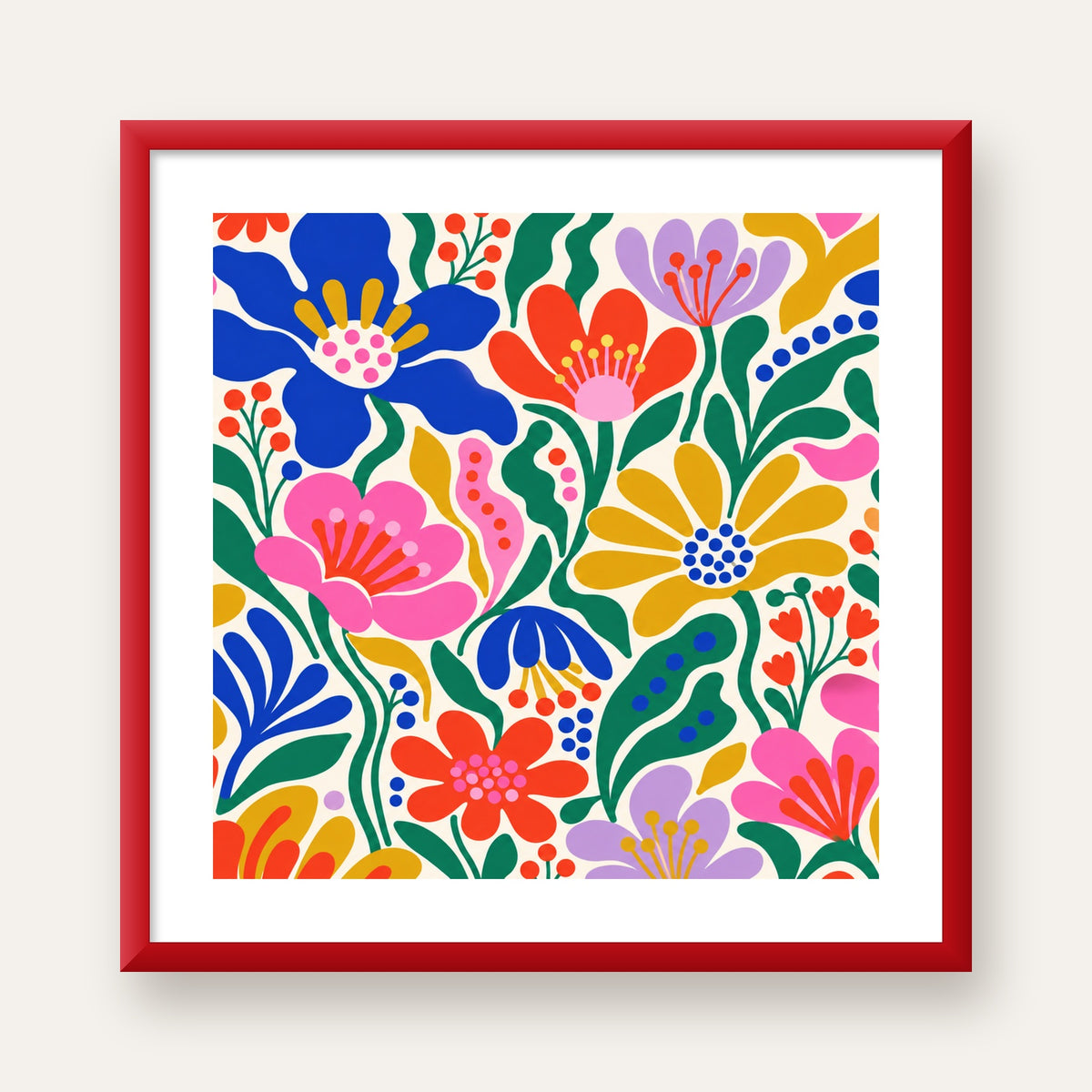Renkli Çiçek Desenli Modern Dijital Poster — kırmızı çerçeveli paspartulu