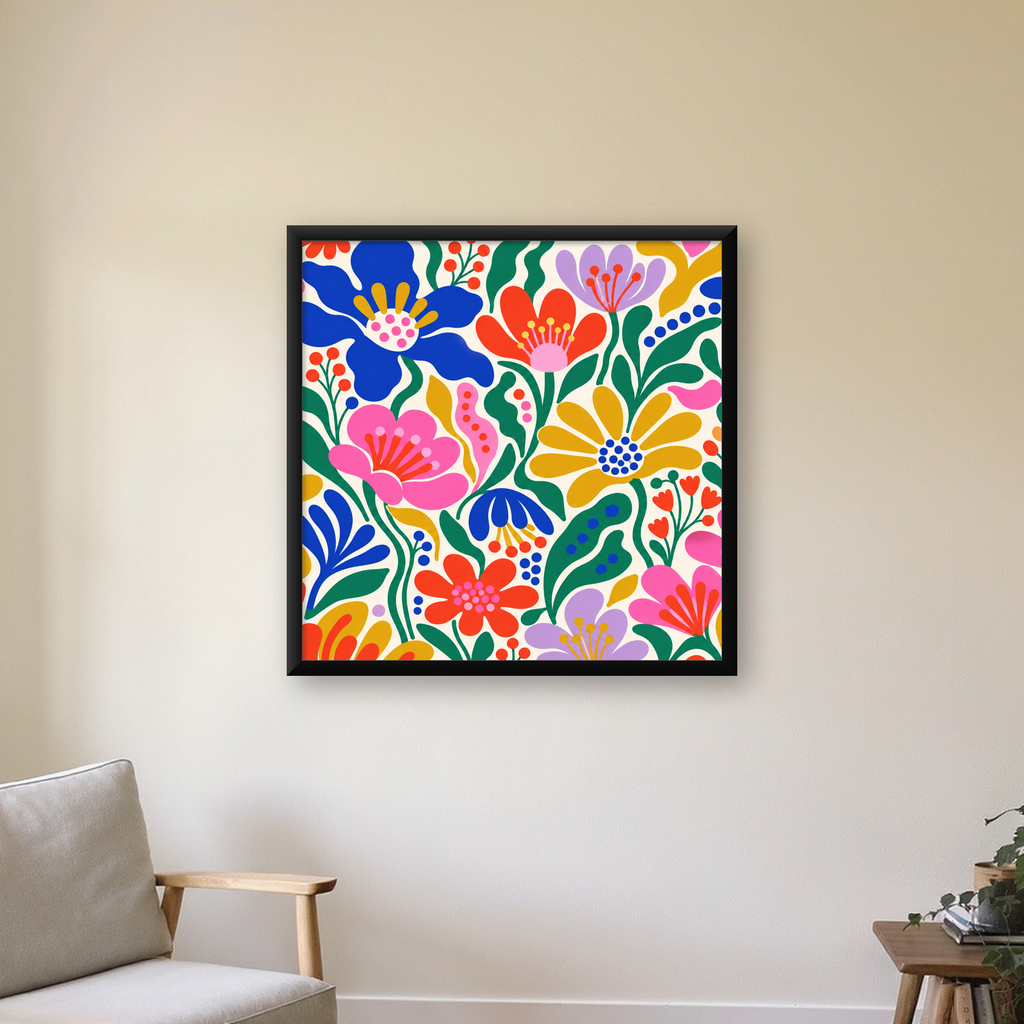 Renkli Çiçek Desenleri Modern Poster – Neşeli Duvar Sanatı — Kare baskı, çerçeveli hâliyle bir ev duvarında