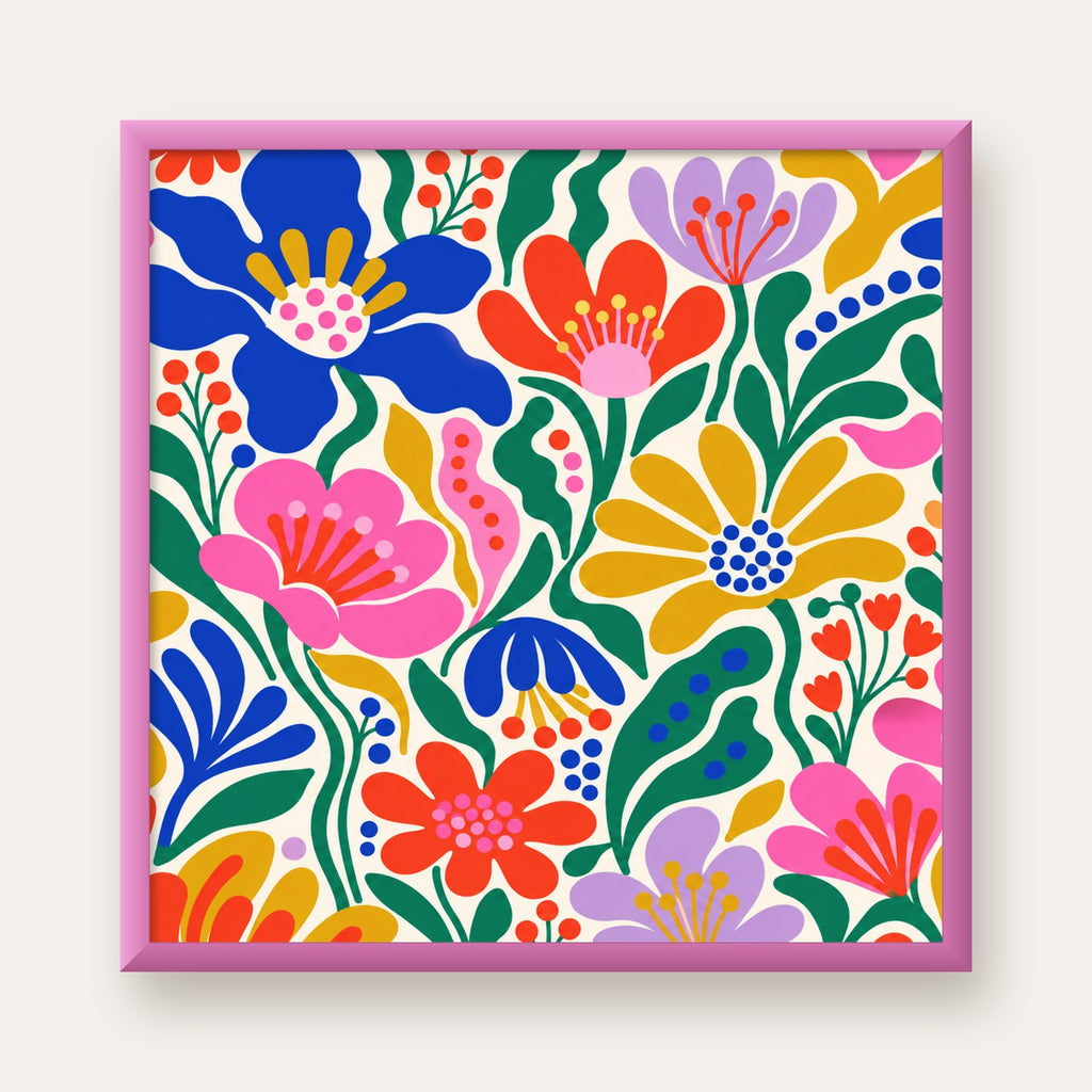 Renkli Çiçek Desenli Modern Dijital Poster — pembe çerçeveli
