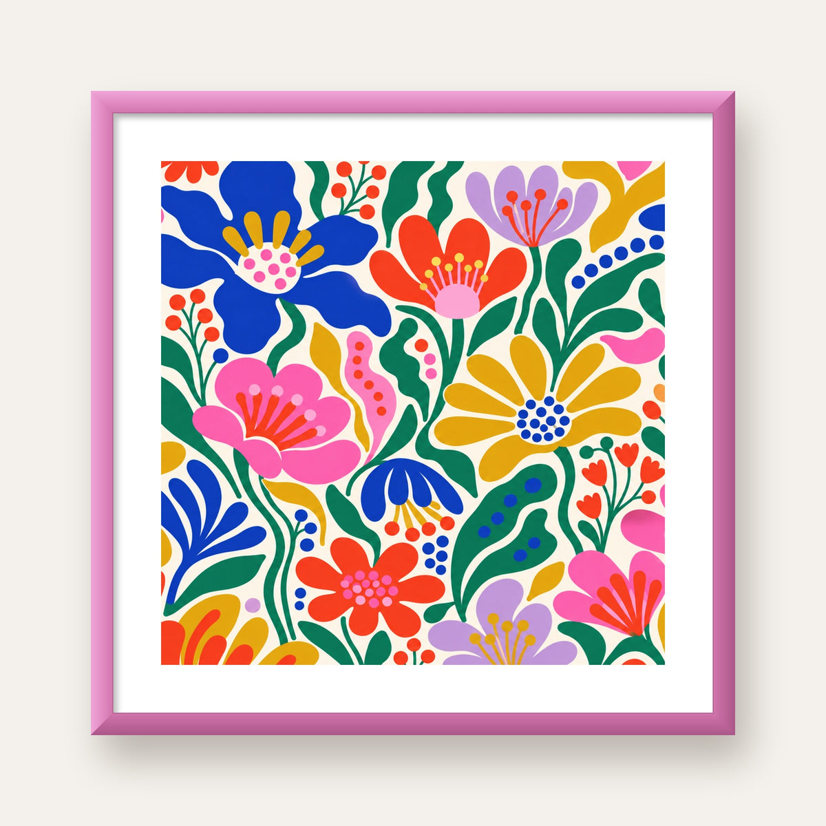 Renkli Çiçek Desenli Modern Dijital Poster — pembe çerçeveli paspartulu