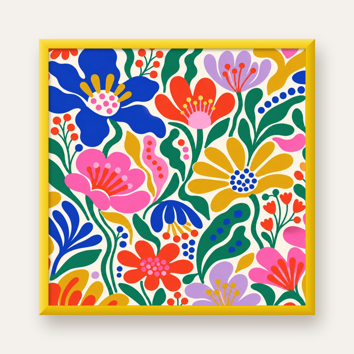 Renkli Çiçek Desenli Modern Dijital Poster — sarı çerçeveli