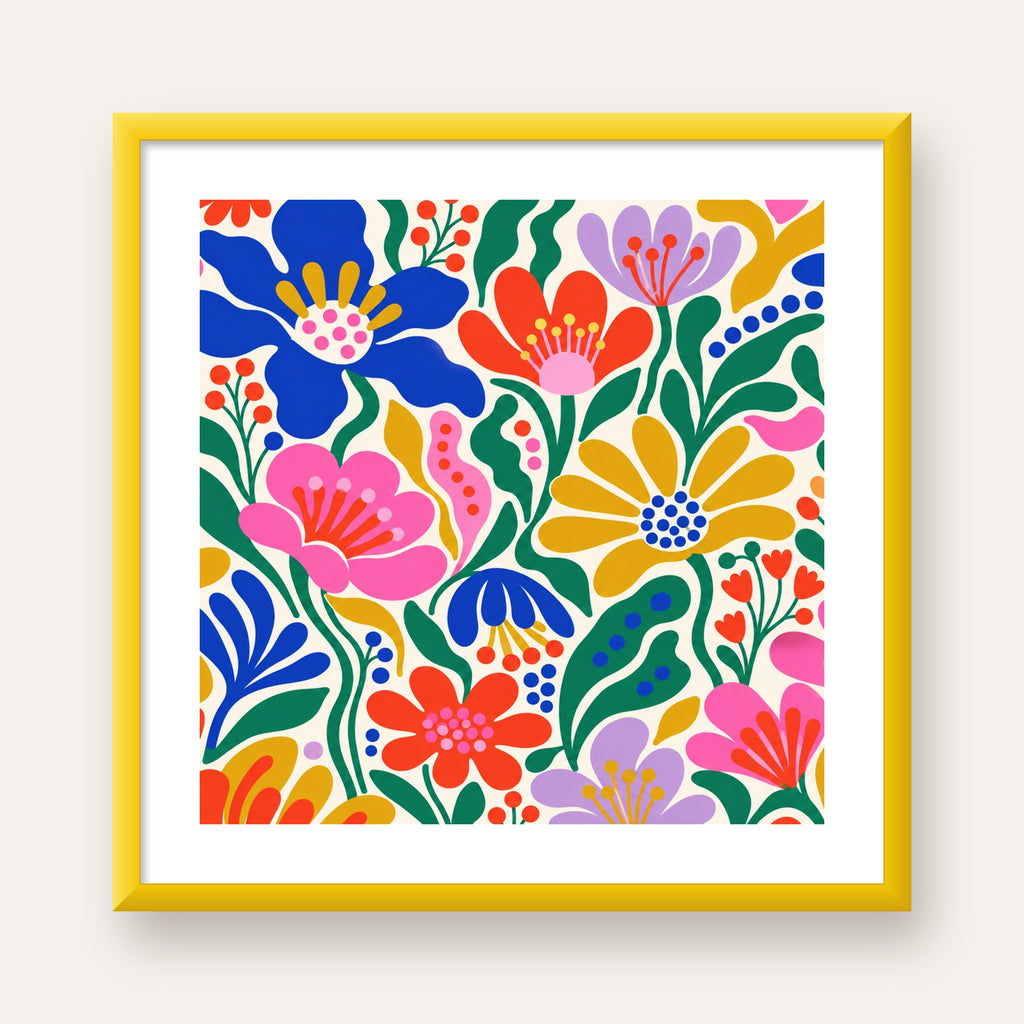 Renkli Çiçek Desenli Modern Dijital Poster — sarı çerçeveli paspartulu