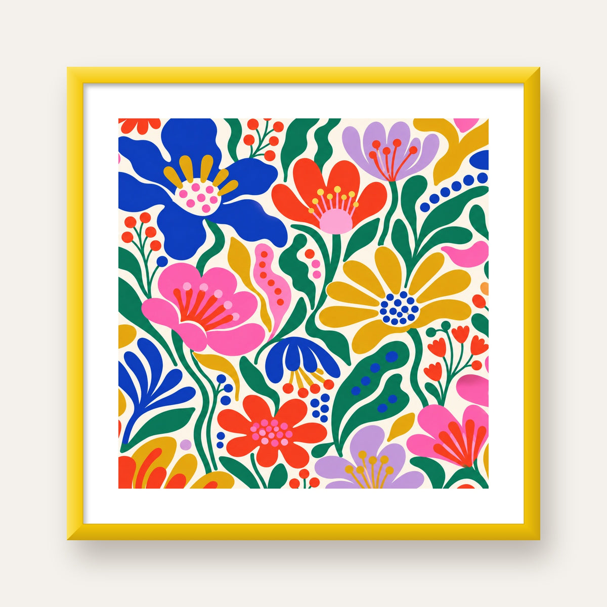 Renkli Çiçek Desenli Modern Dijital Poster — sarı çerçeveli paspartulu