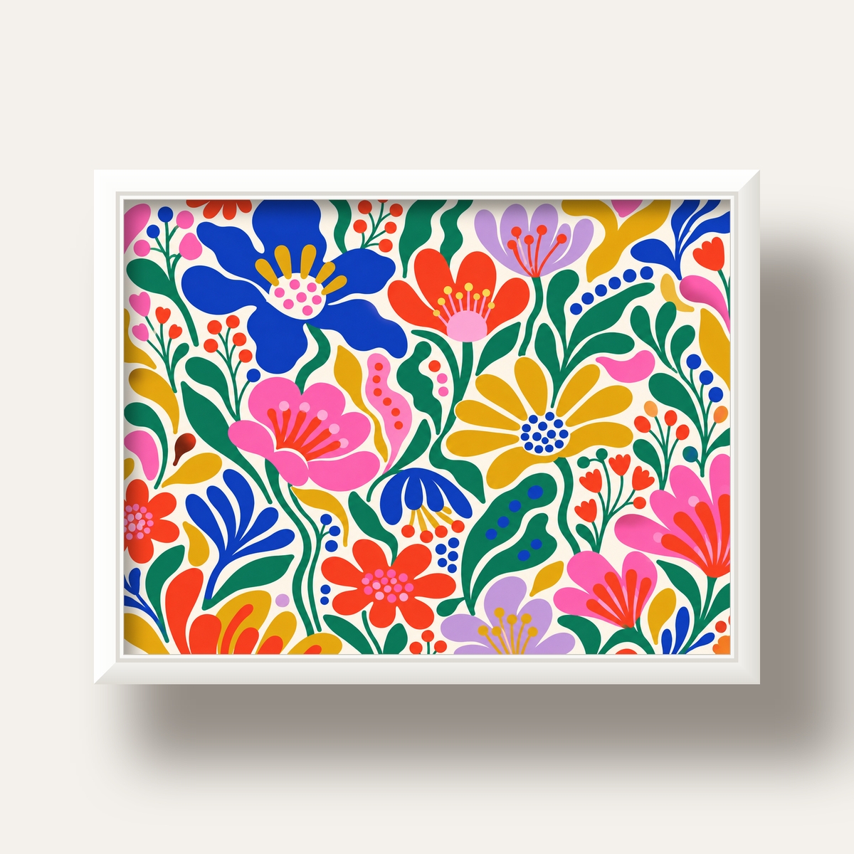Renkli Çiçek Desenli Modern Dijital Poster — beyaz derin çerçeveli