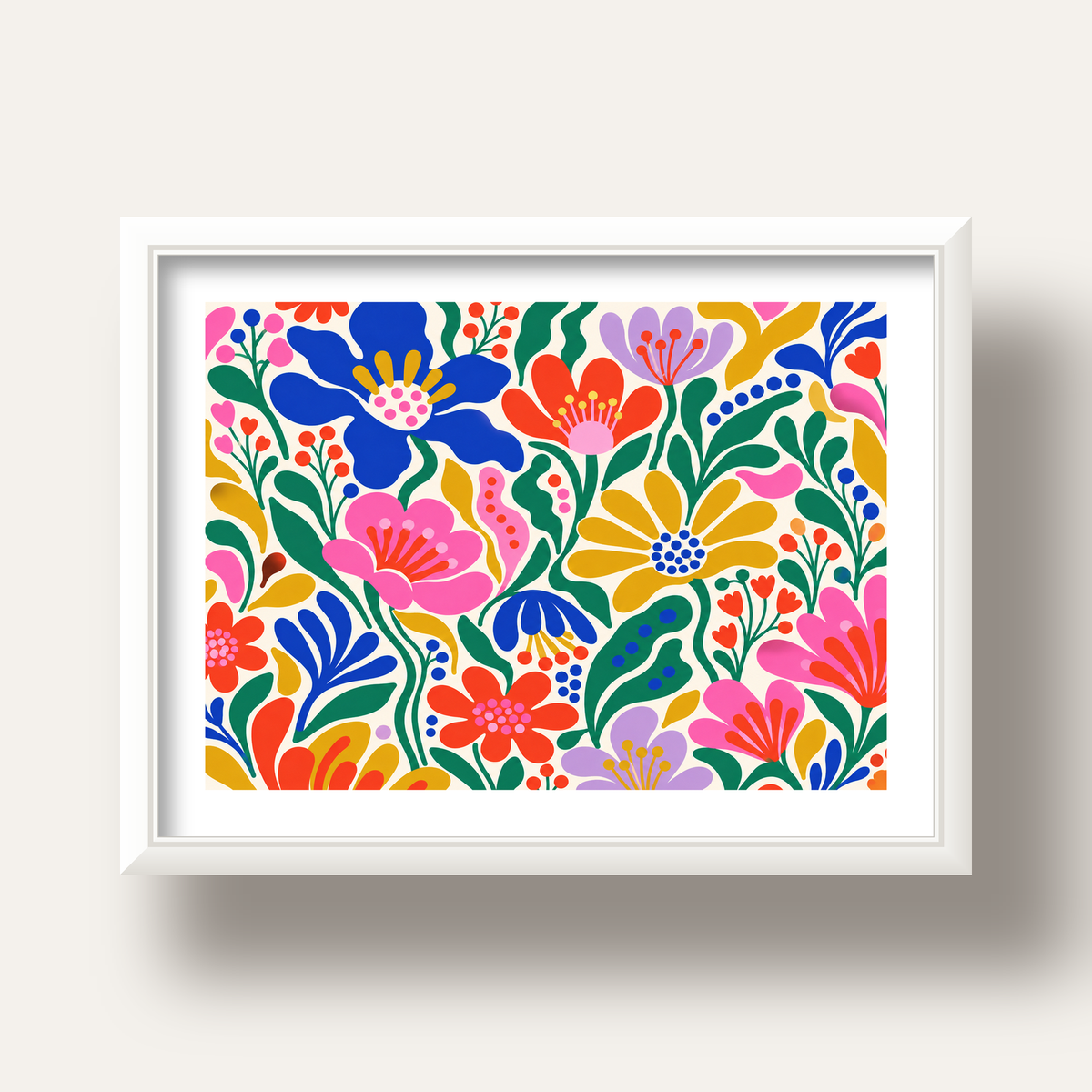 Renkli Çiçek Desenli Modern Dijital Poster — beyaz derin çerçeveli paspartulu