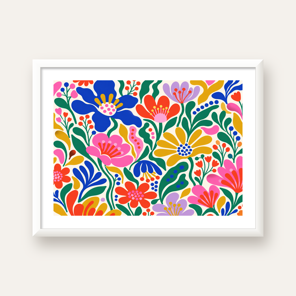 Renkli Çiçek Desenli Modern Dijital Poster — beyaz çerçeveli yatay poster