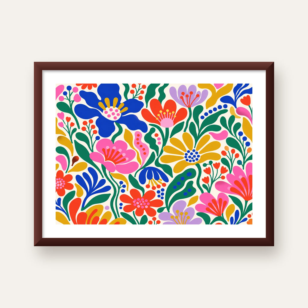 Renkli Çiçek Desenli Modern Dijital Poster — ceviz çerçeveli paspartulu