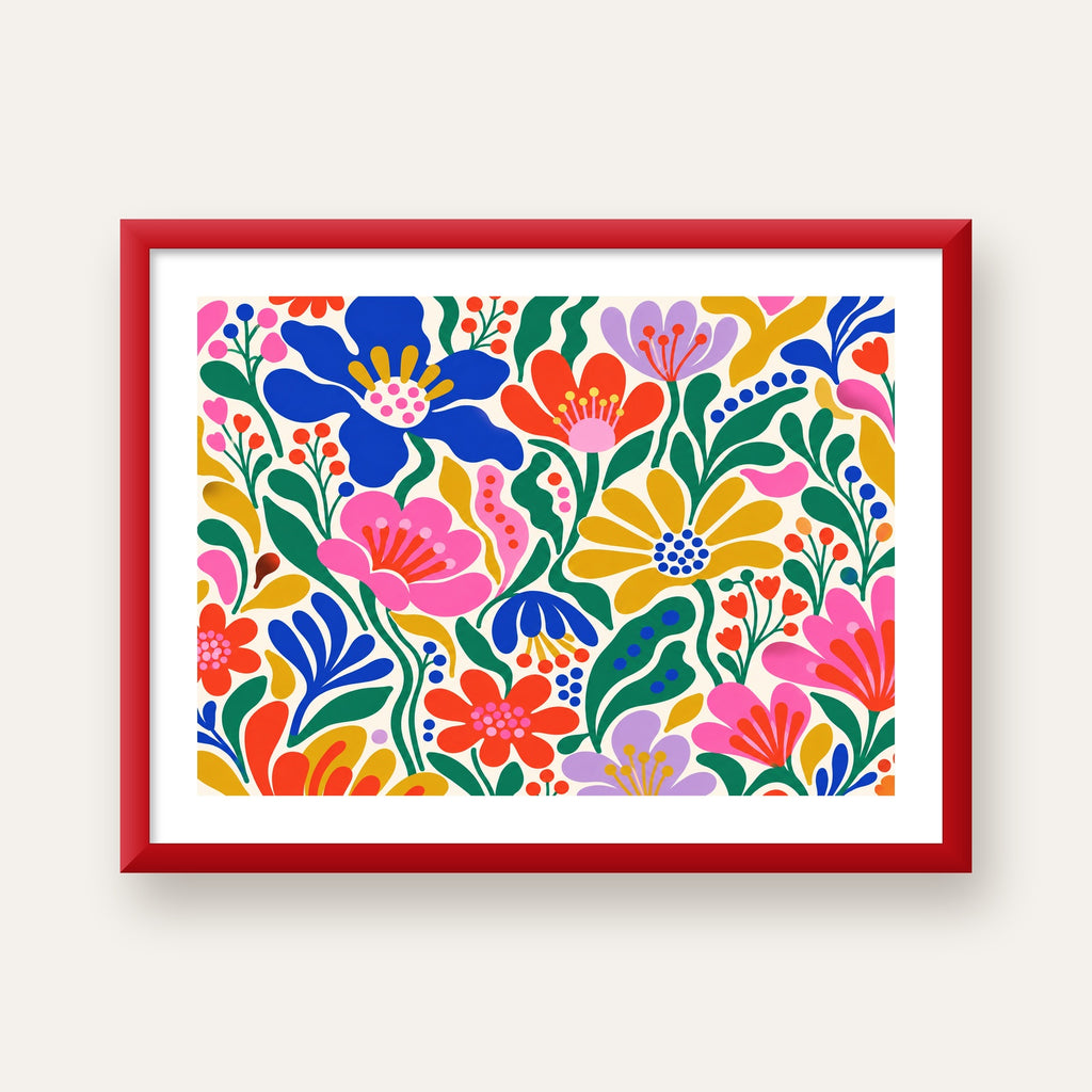 Renkli Çiçek Desenli Modern Dijital Poster — kırmızı çerçeveli paspartulu