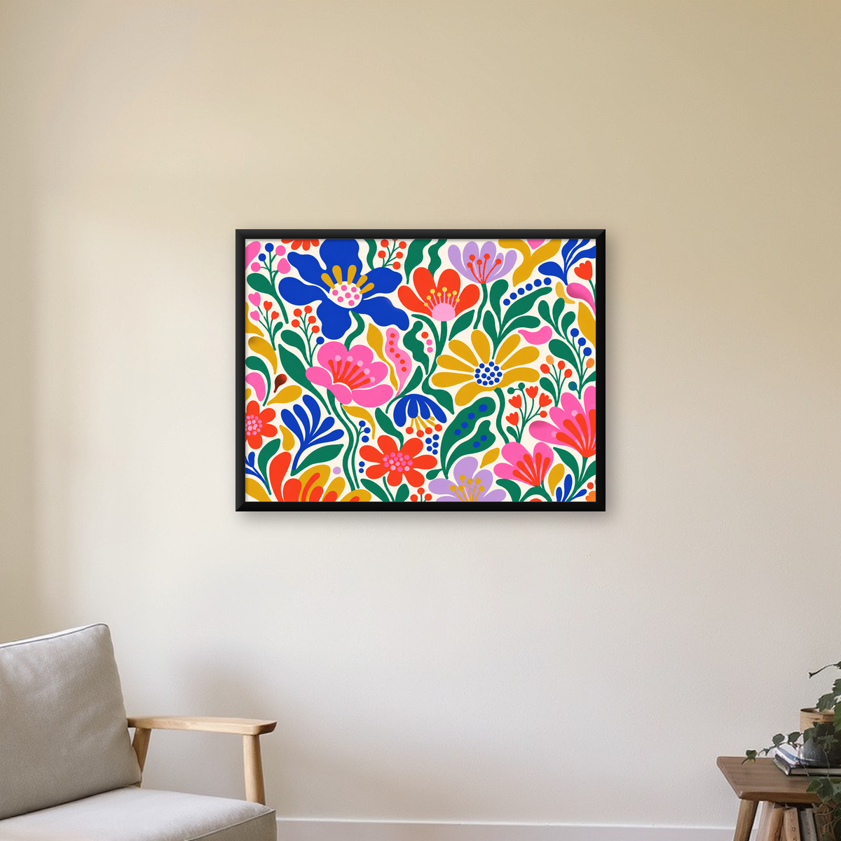 Renkli Çiçek Desenleri Modern Poster – Neşeli Duvar Sanatı — Yatay baskı, çerçeveli hâliyle bir ev duvarında