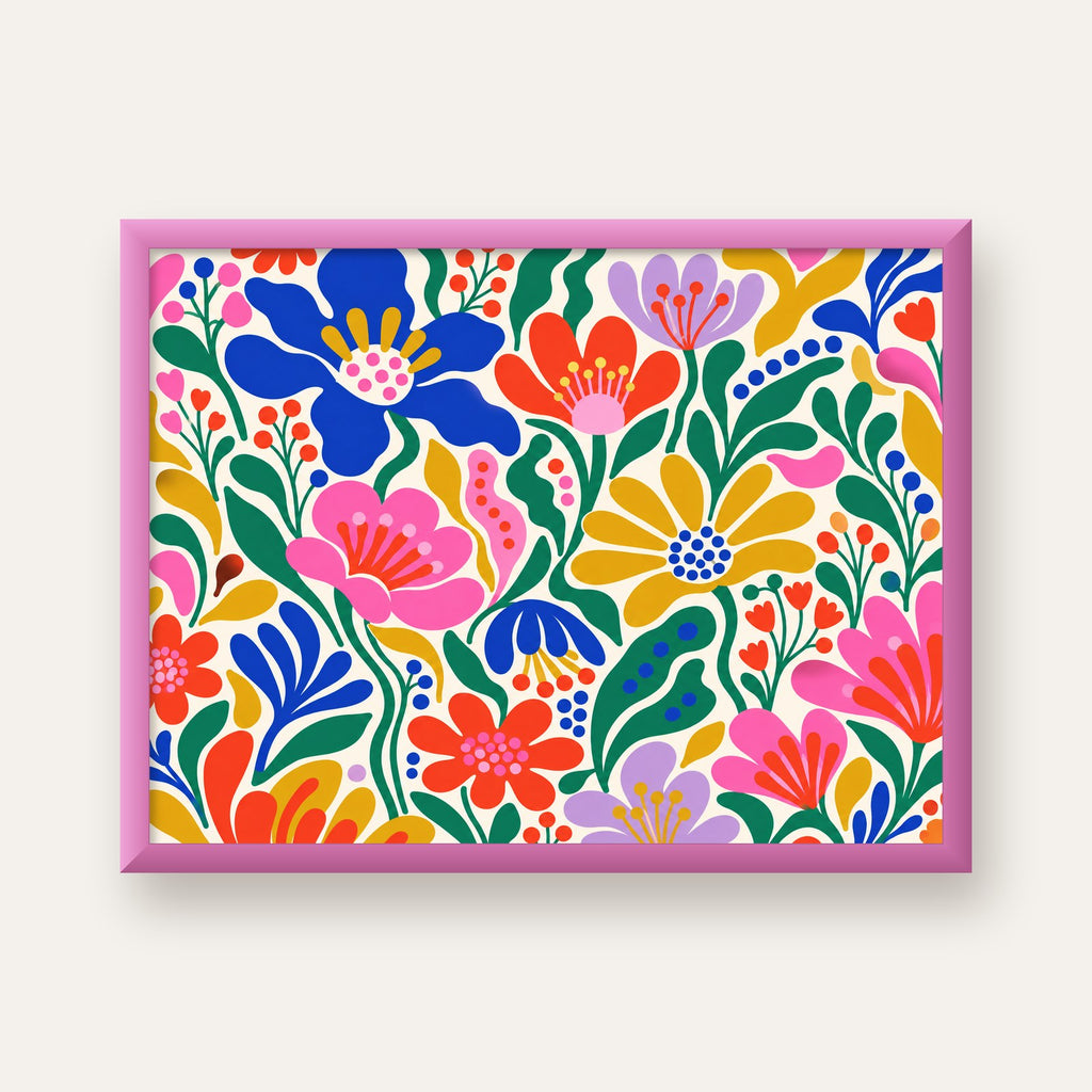 Renkli Çiçek Desenli Modern Dijital Poster — pembe çerçeveli