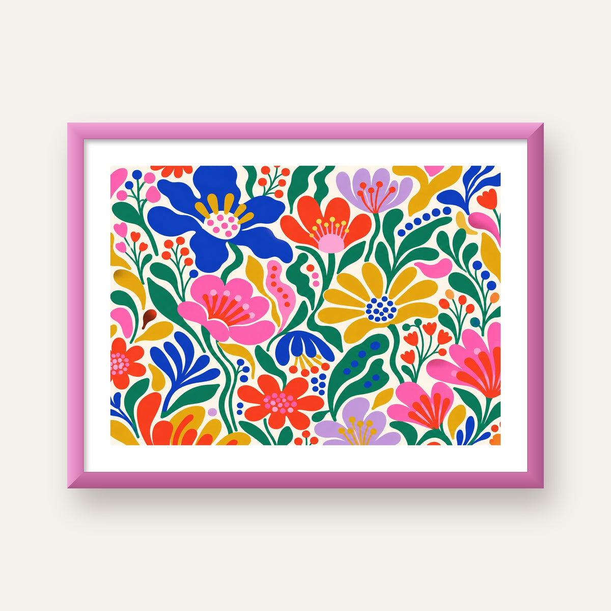 Renkli Çiçek Desenli Modern Dijital Poster — pembe çerçeveli paspartulu