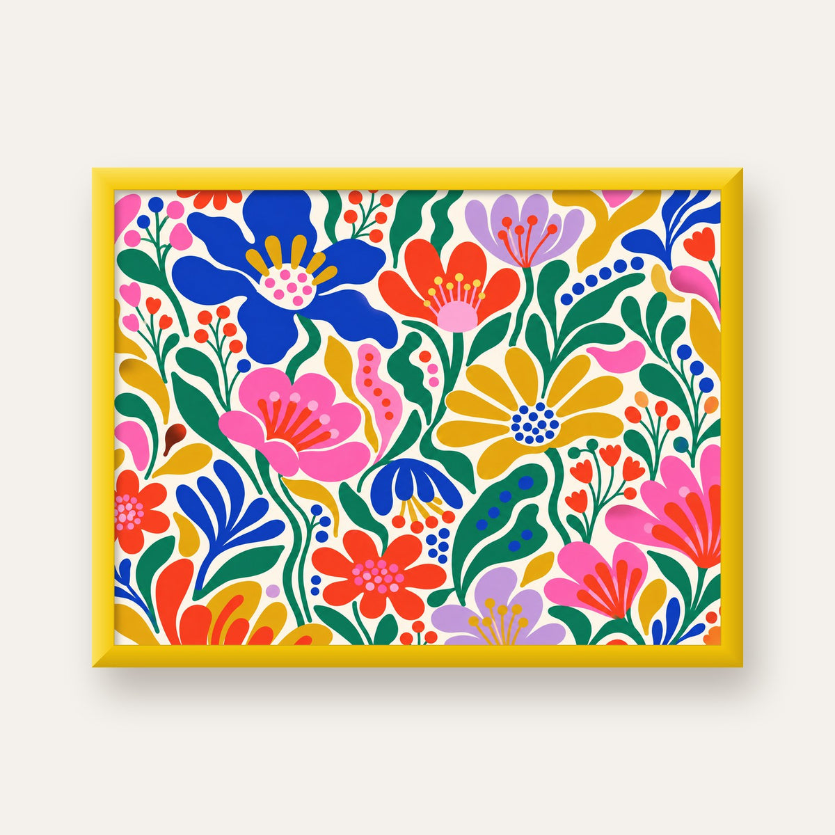 Renkli Çiçek Desenli Modern Dijital Poster — sarı çerçeveli