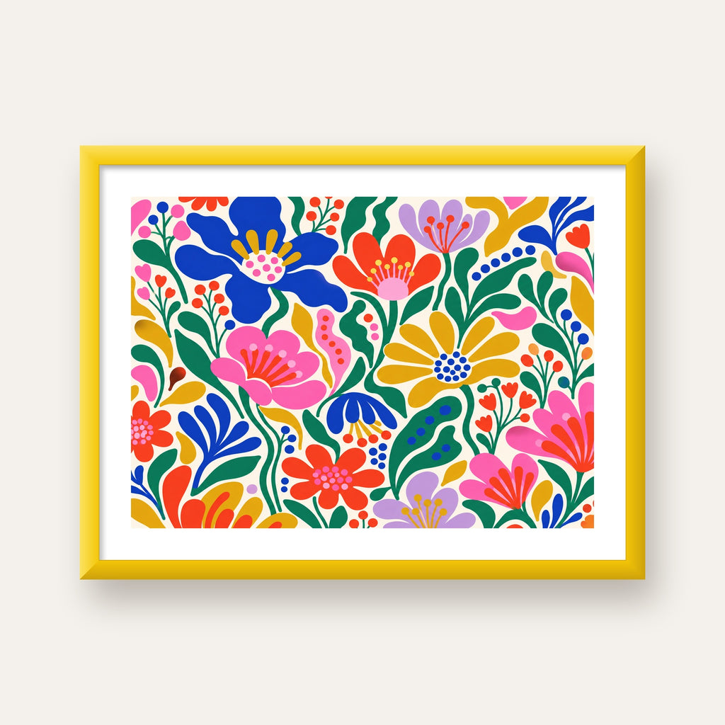 Renkli Çiçek Desenli Modern Dijital Poster — sarı çerçeveli paspartulu