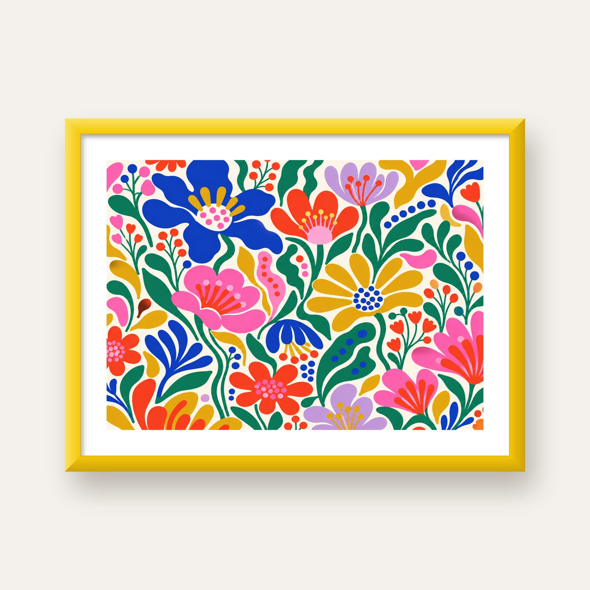 Renkli Çiçek Desenli Modern Dijital Poster — sarı çerçeveli paspartulu