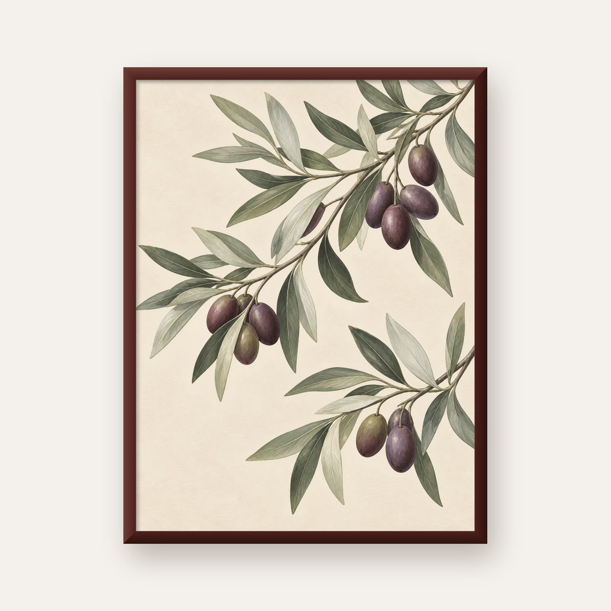 Zeytin Dalı İllüstrasyonu Poster – Natürel Renkte Duvar Sanatı — ceviz çerçeveli