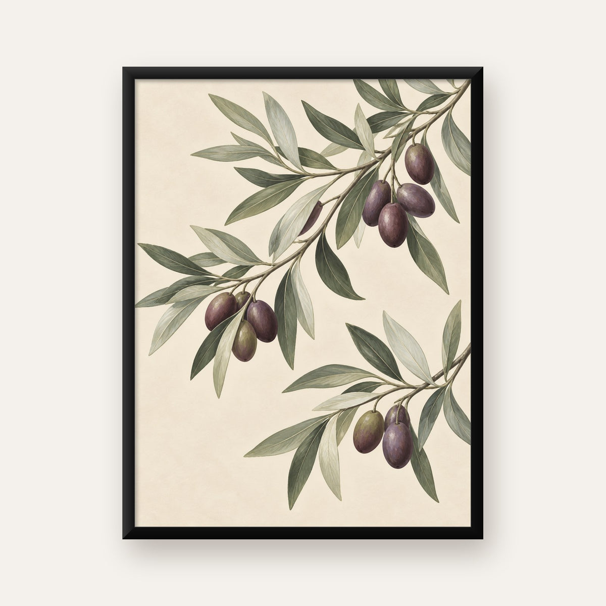 Zeytin Dalı İllüstrasyonu Poster – Natürel Renkte Duvar Sanatı — Dikey baskı, düz siyah çerçeveli duvar posteri