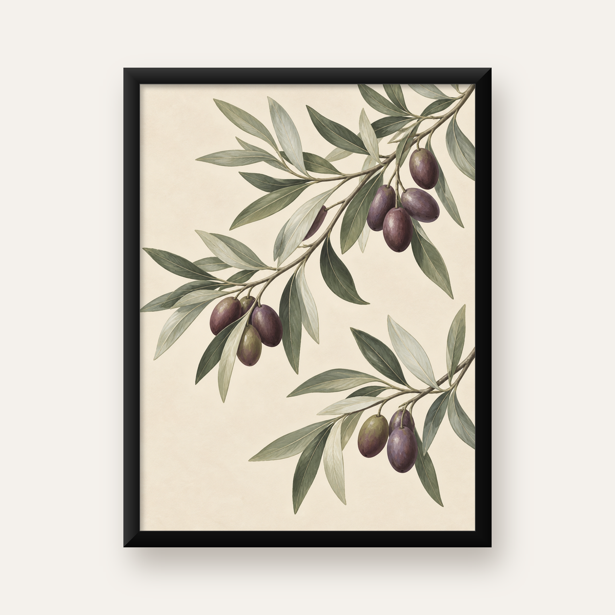 Zeytin Dalı İllüstrasyonu Poster – Natürel Renkte Duvar Sanatı — Dikey baskı, düz siyah çerçeveli duvar posteri