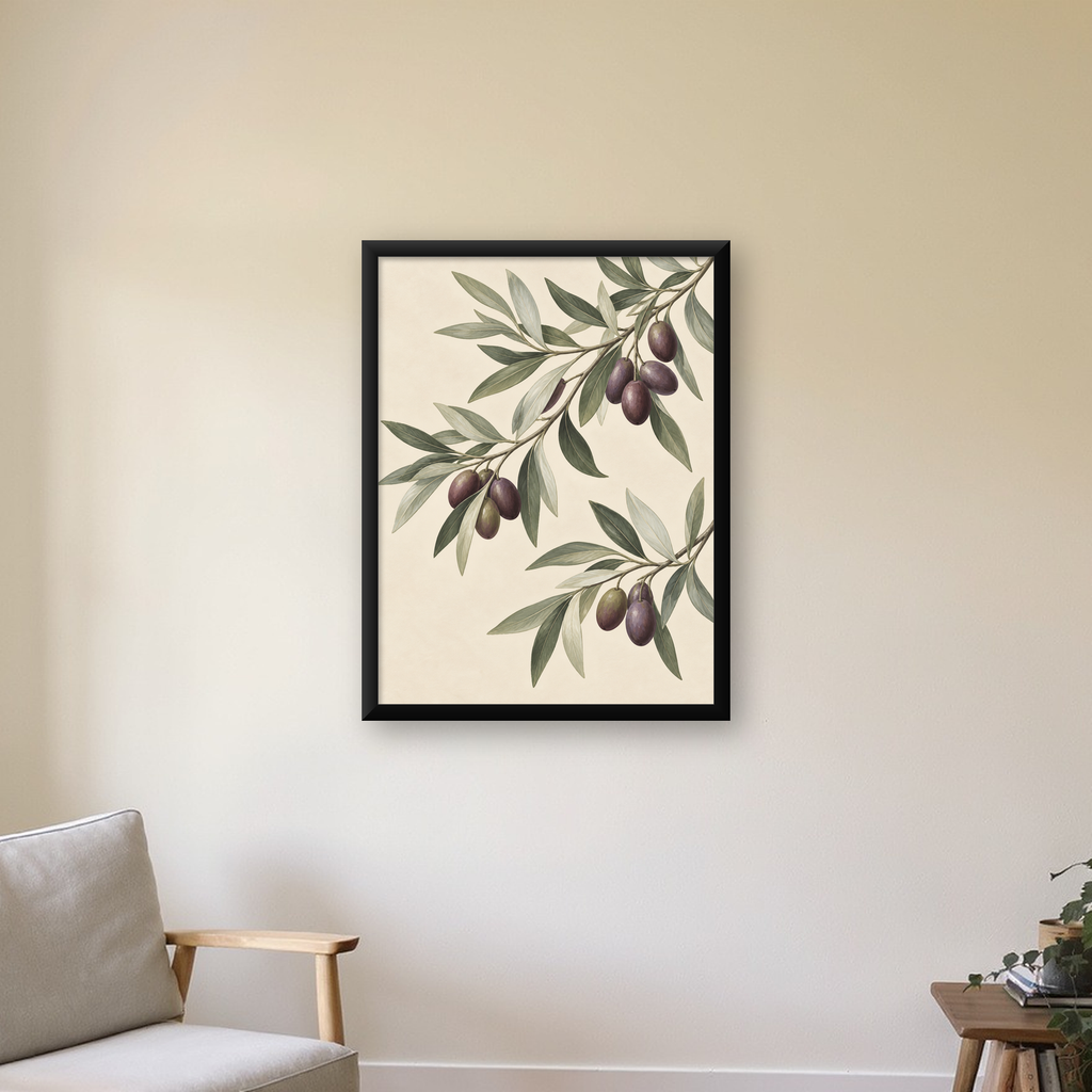 Zeytin Dalı İllüstrasyonu Poster – Natürel Renkte Duvar Sanatı — Dikey baskı, çerçeveli hâliyle bir ev duvarında