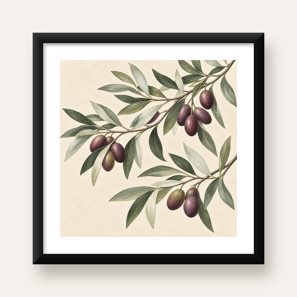 Zeytin Dalı İllüstrasyonu Poster – Natürel Renkte Duvar Sanatı — Kare baskı, beyaz paspartulu