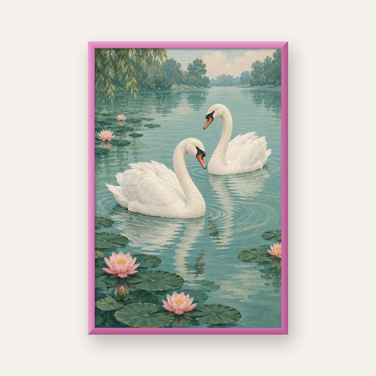 Gölde İki Kuğu ve Nilüfer Çiçekleri Suluboya Poster — pembe çerçeveli