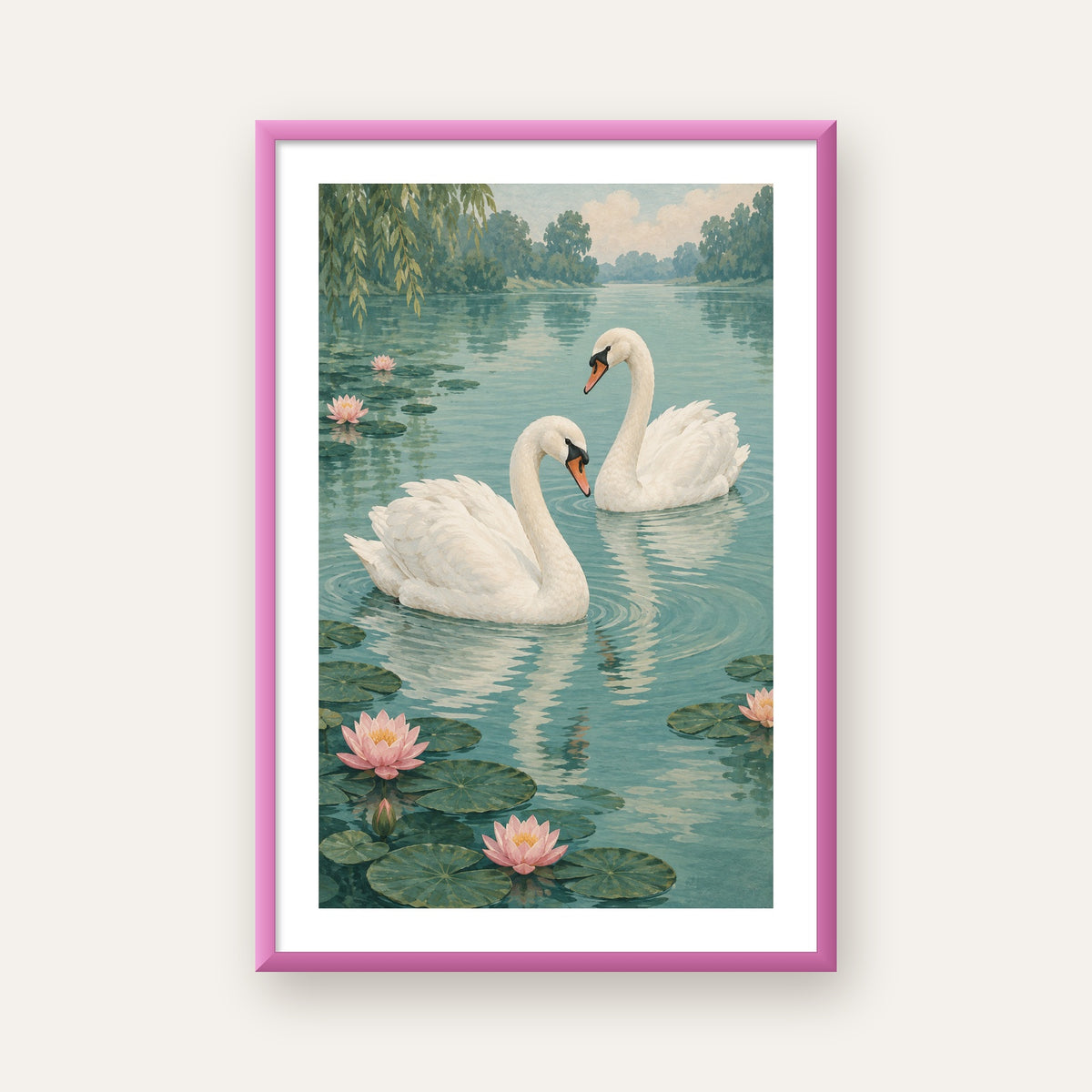 Gölde İki Kuğu ve Nilüfer Çiçekleri Suluboya Poster — pembe çerçeveli paspartulu