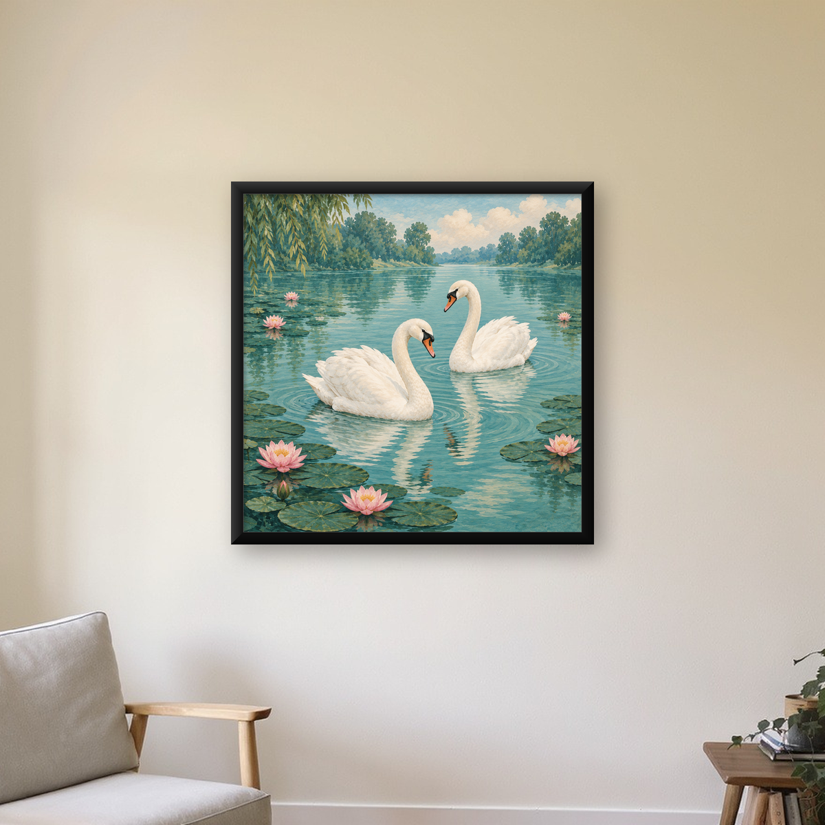 Gölde İki Kuğu ve Nilüfer Çiçekleri Suluboya Poster — Kare baskı, çerçeveli hâliyle bir ev duvarında