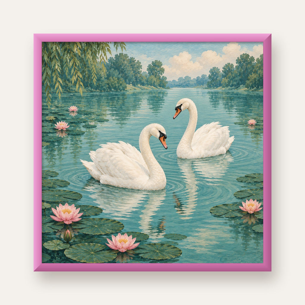 Gölde İki Kuğu ve Nilüfer Çiçekleri Suluboya Poster — pembe çerçeveli