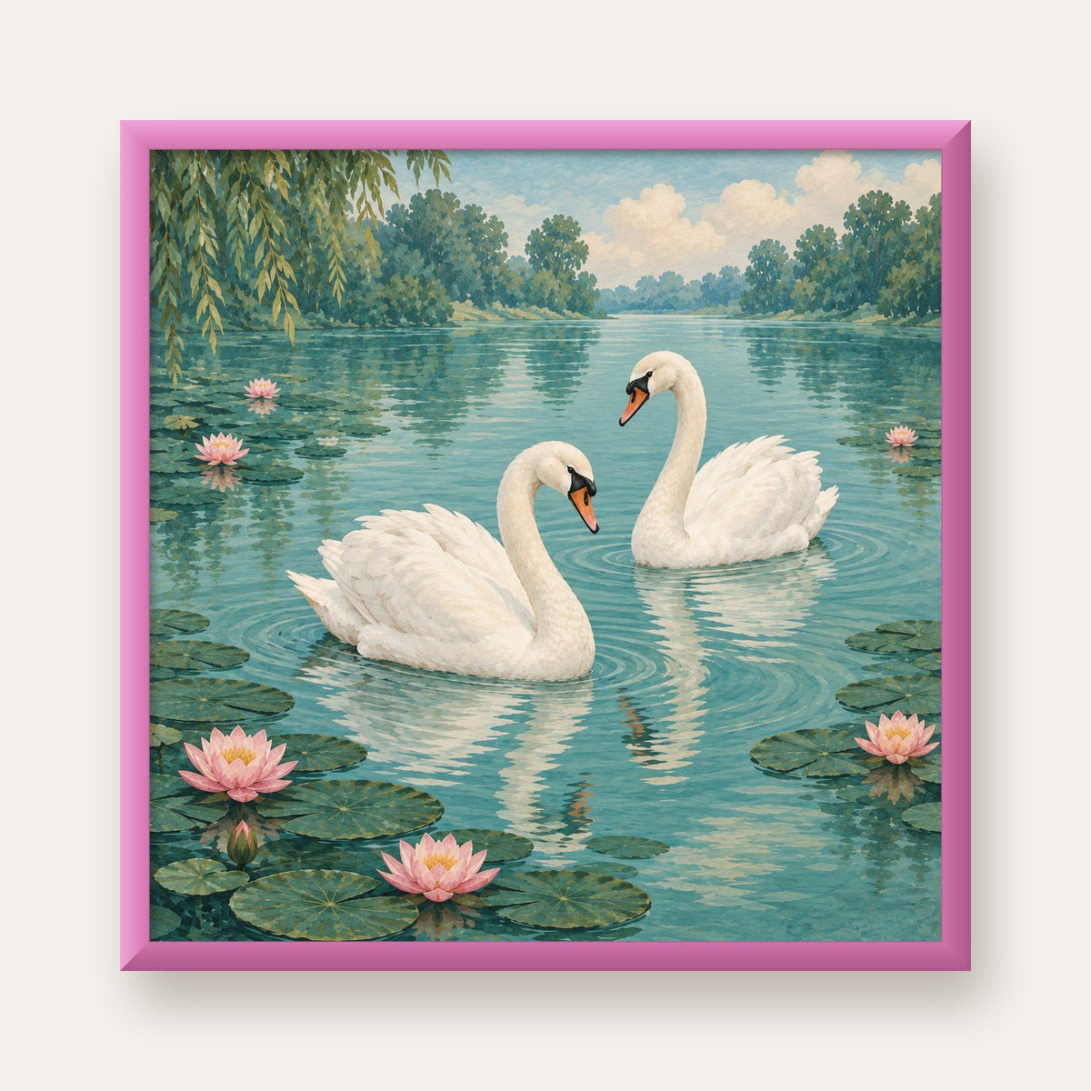 Gölde İki Kuğu ve Nilüfer Çiçekleri Suluboya Poster — pembe çerçeveli