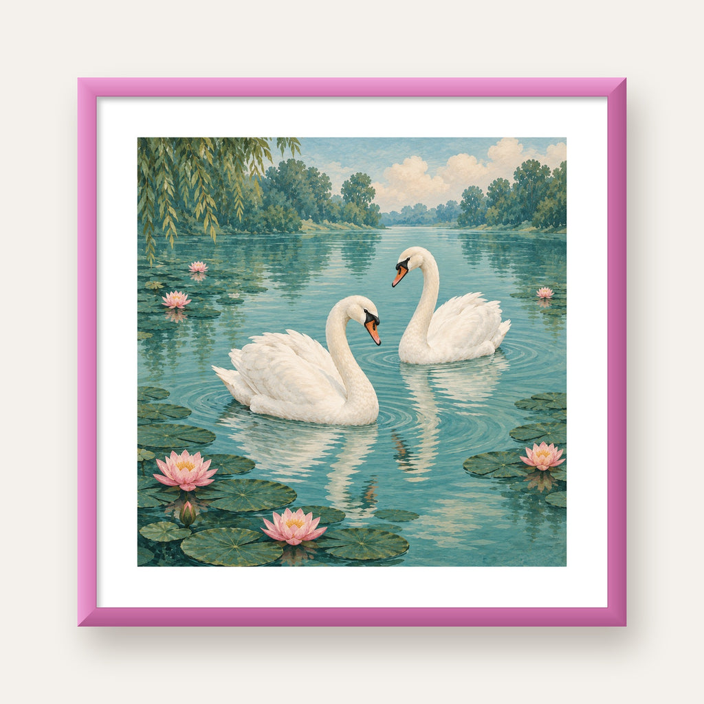 Gölde İki Kuğu ve Nilüfer Çiçekleri Suluboya Poster — pembe çerçeveli paspartulu