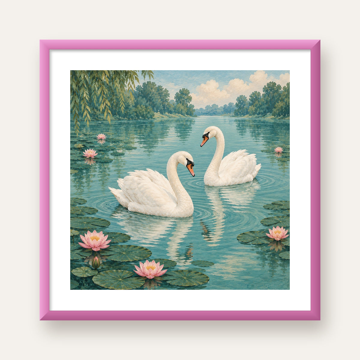Gölde İki Kuğu ve Nilüfer Çiçekleri Suluboya Poster — pembe çerçeveli paspartulu