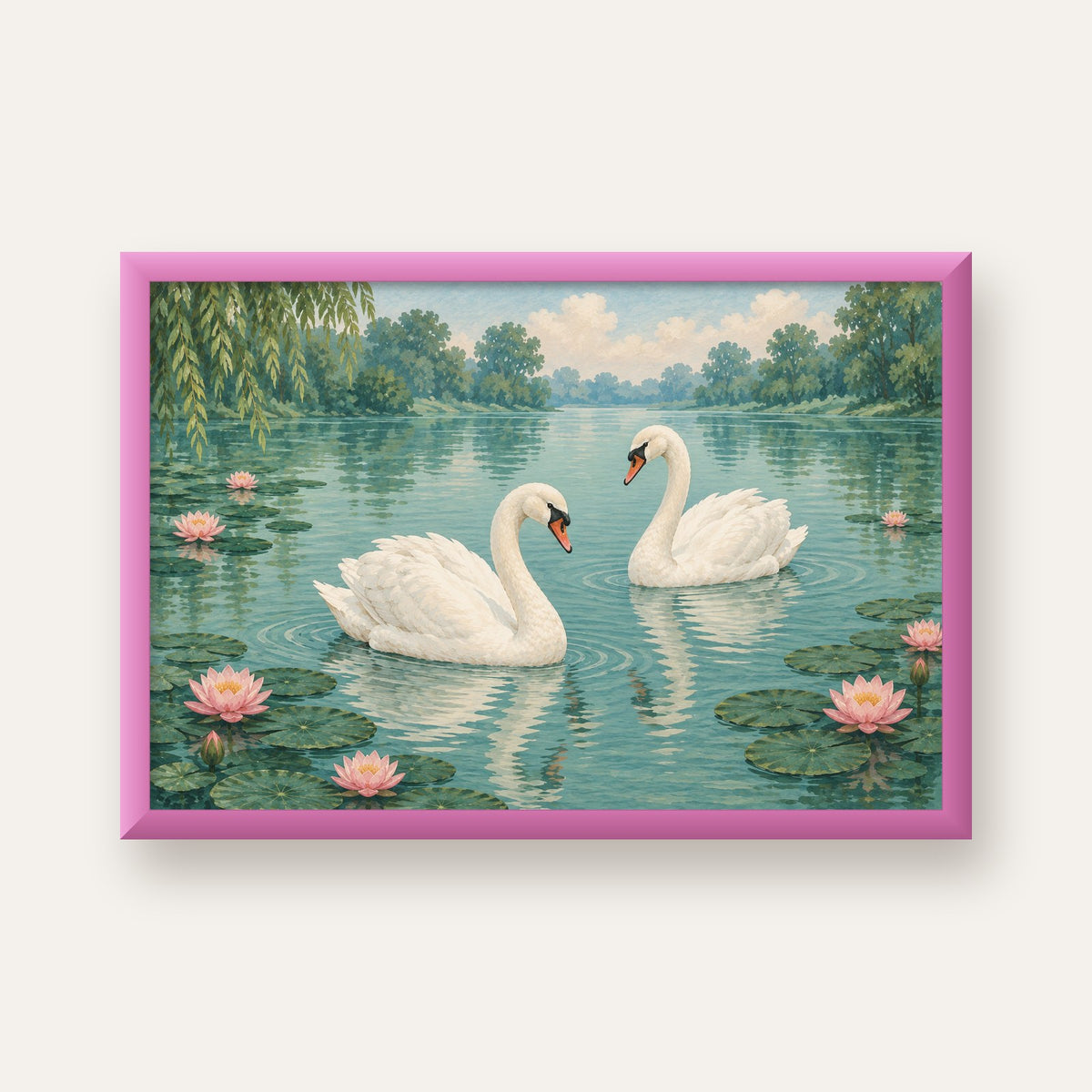 Gölde İki Kuğu ve Nilüfer Çiçekleri Suluboya Poster — pembe çerçeveli