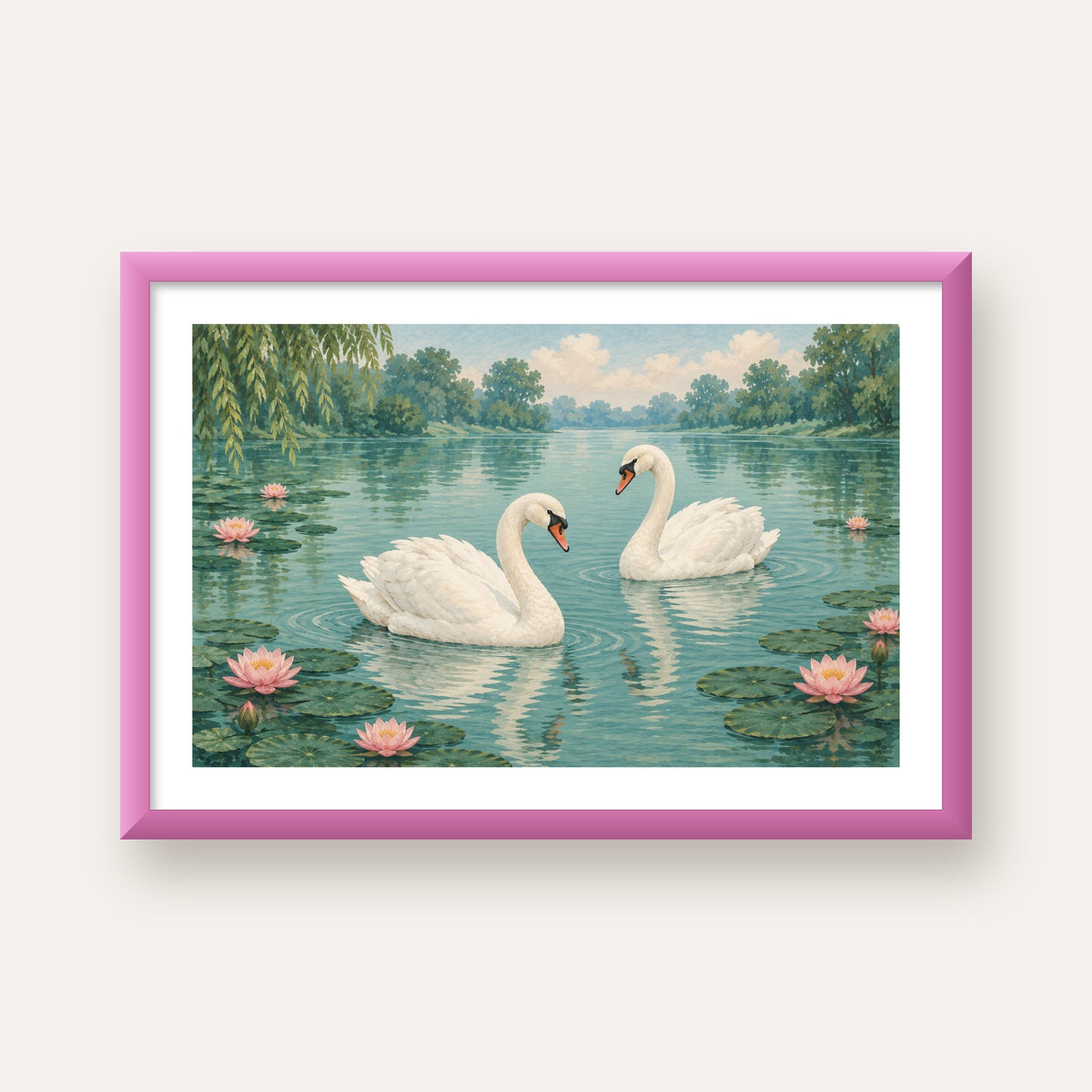 Gölde İki Kuğu ve Nilüfer Çiçekleri Suluboya Poster — pembe çerçeveli paspartulu